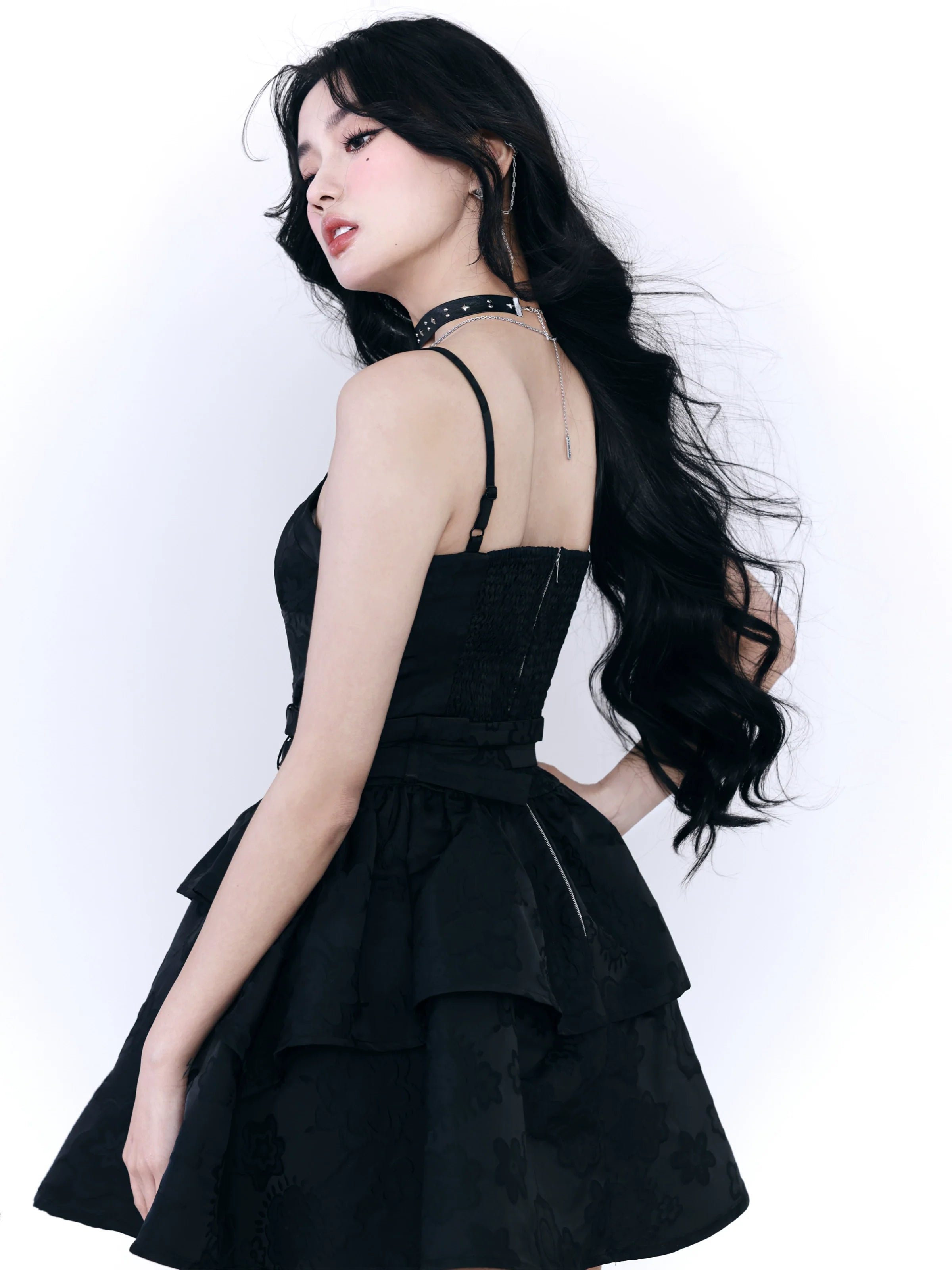 Fragile Heart Black Tiered Mini Dress with Belted Waist