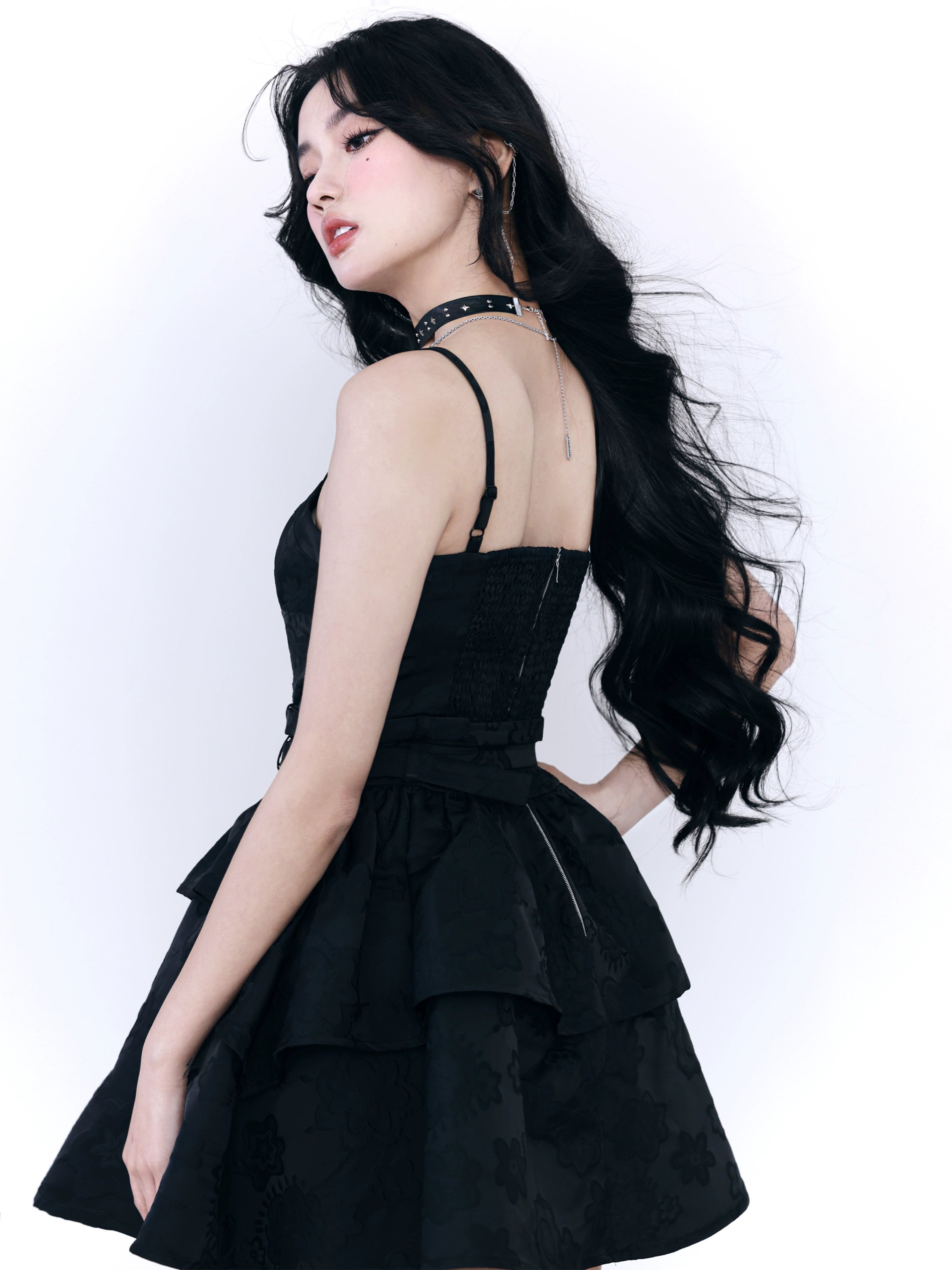 Jacquard Puffball Strap Mini Dress