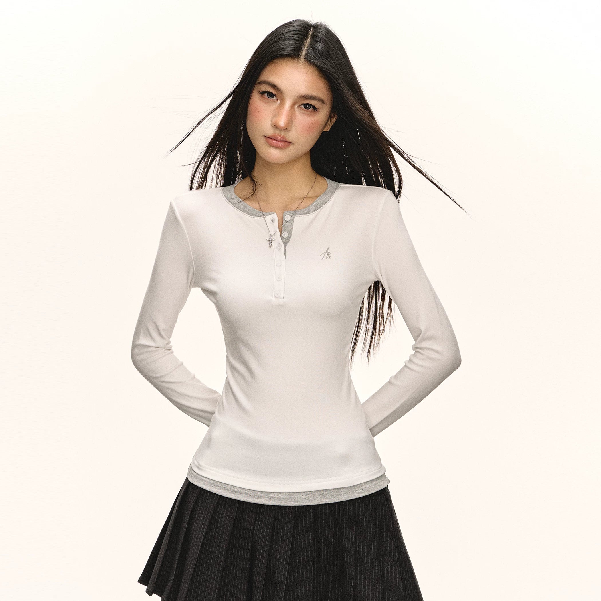 Contrast Trim Henley Long-Sleeve Top