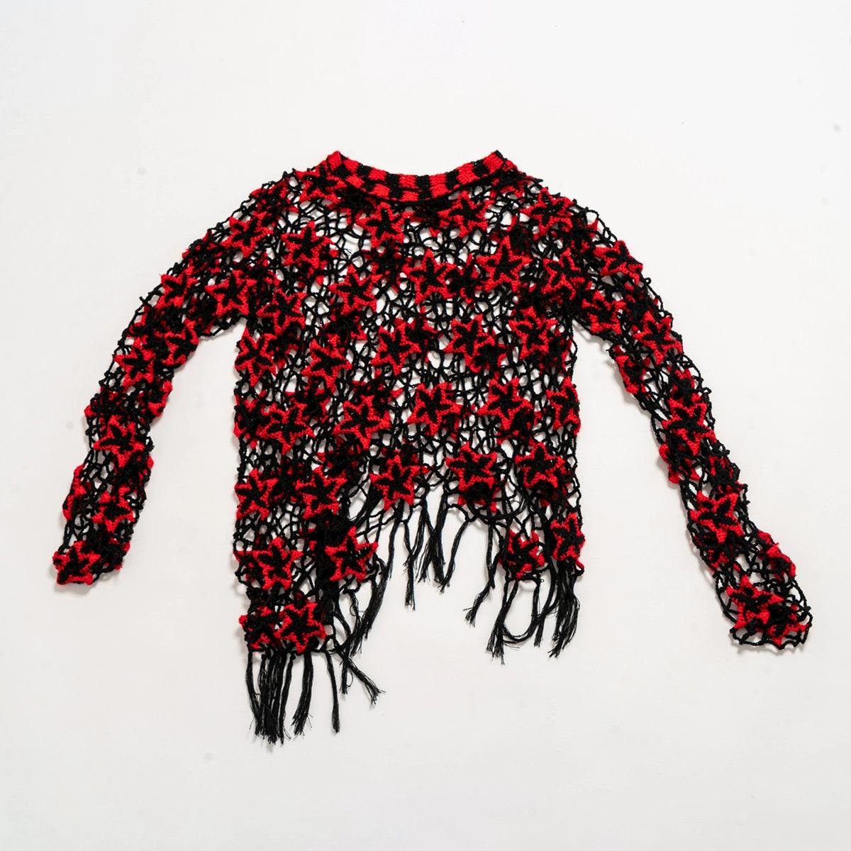 Red and Black Floral Crochet Sweater - chiclara