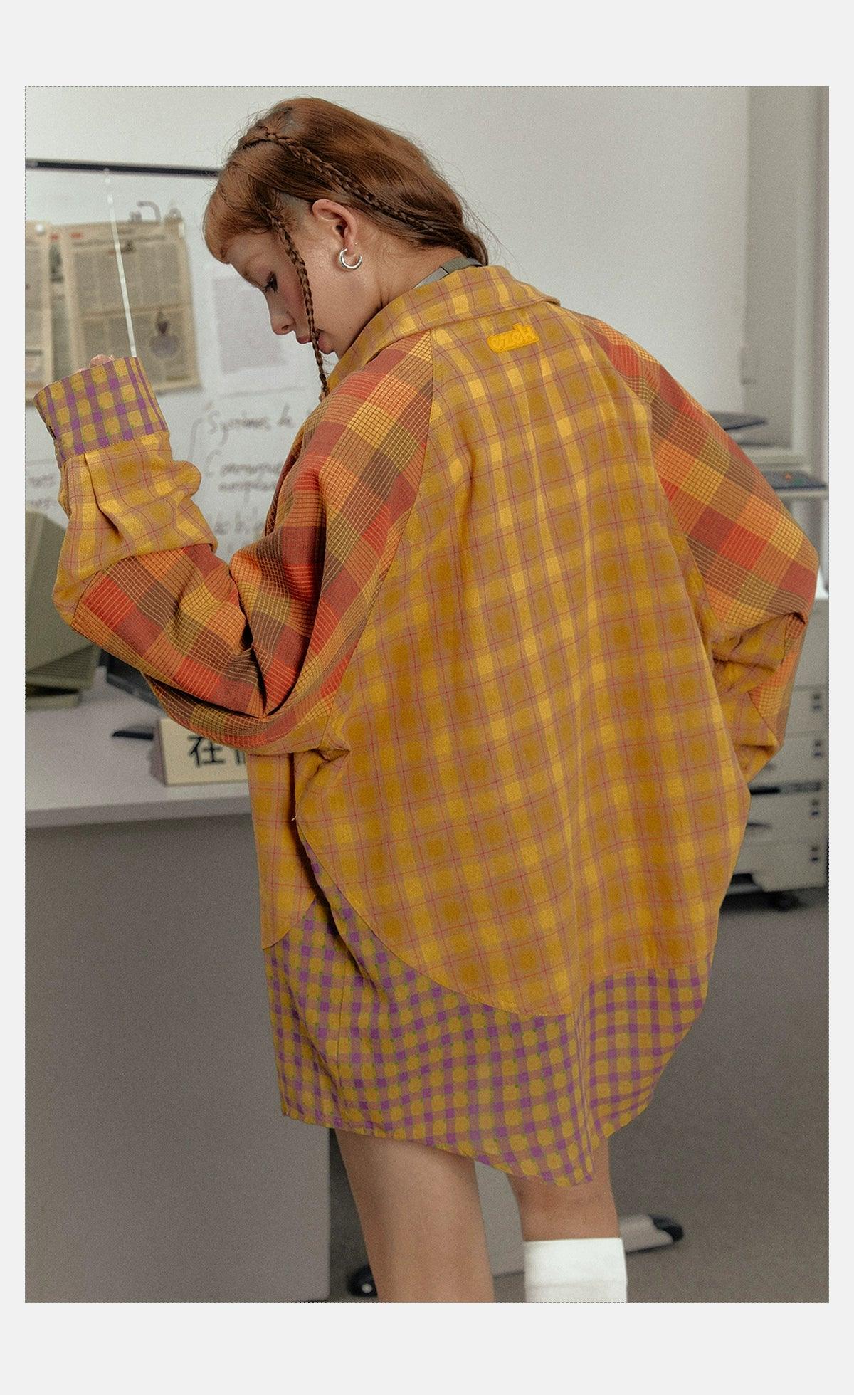 Ezek Mustard Plaid Oversized Shirt Jacket - Unisex Colorblock Flannel Shacket With Purple Checks