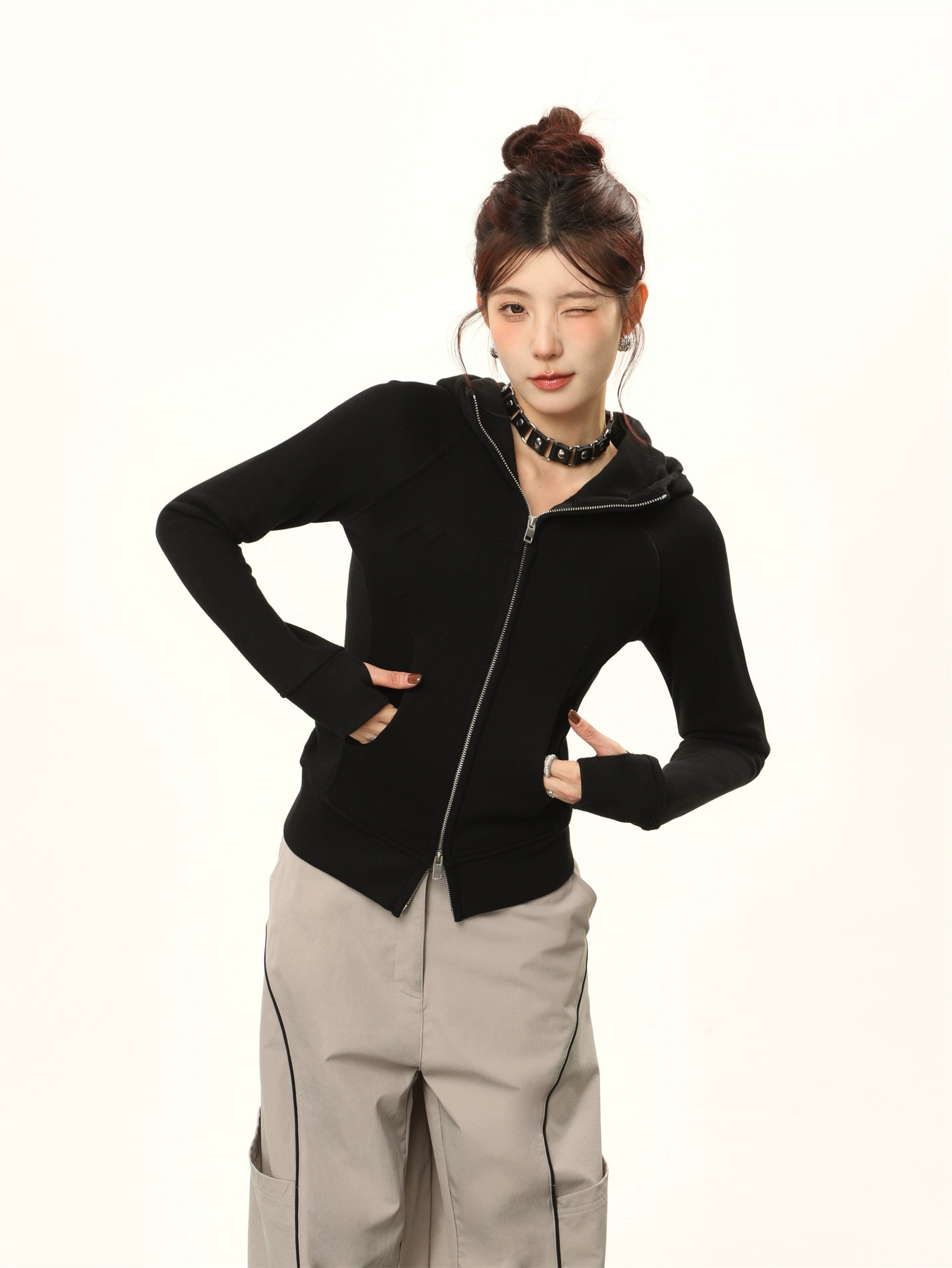 Hooded Double-Zipper Cardigan Sweatshirt