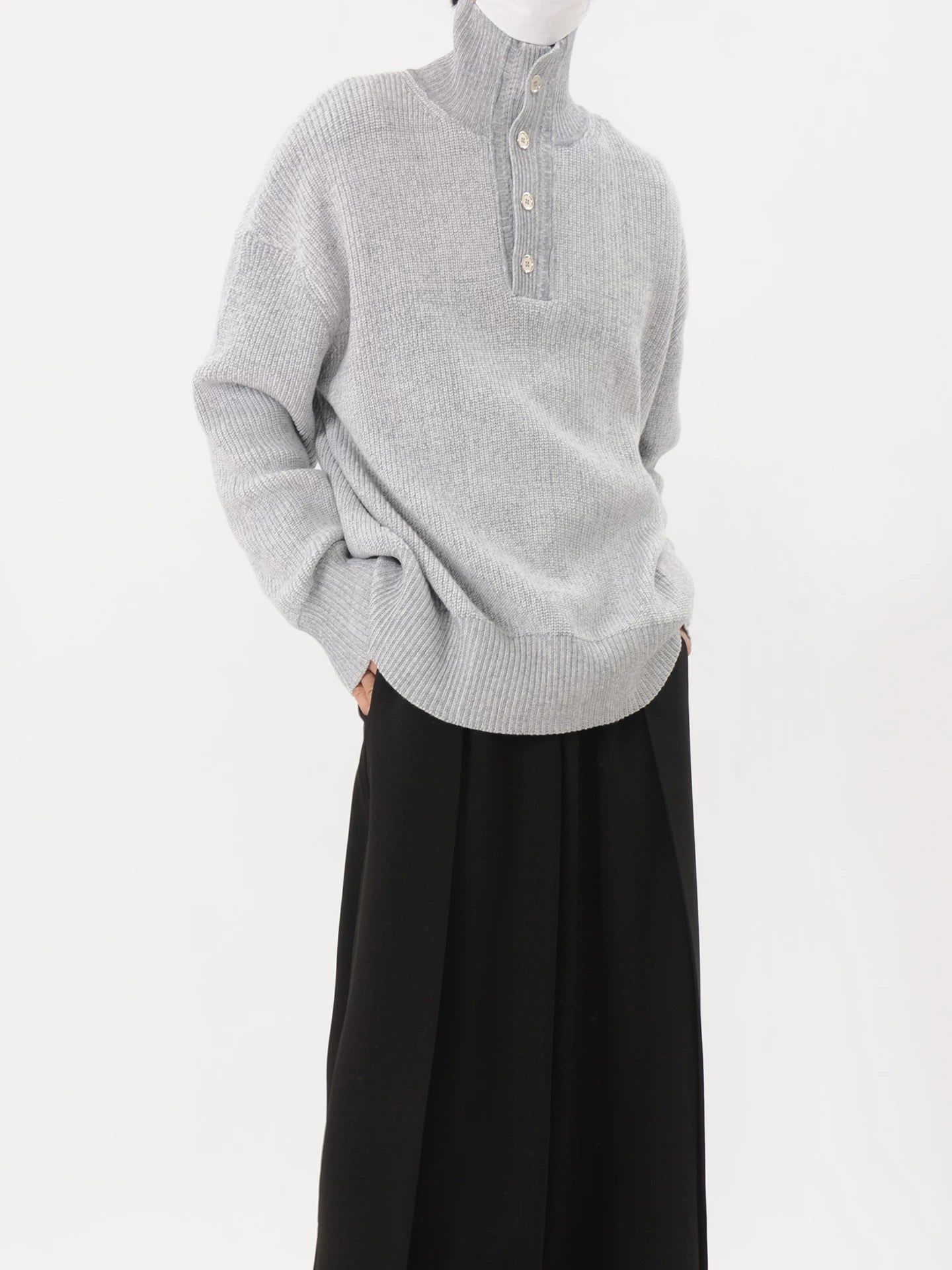 Grey Marled Button-Neck Oversized Knit Sweater