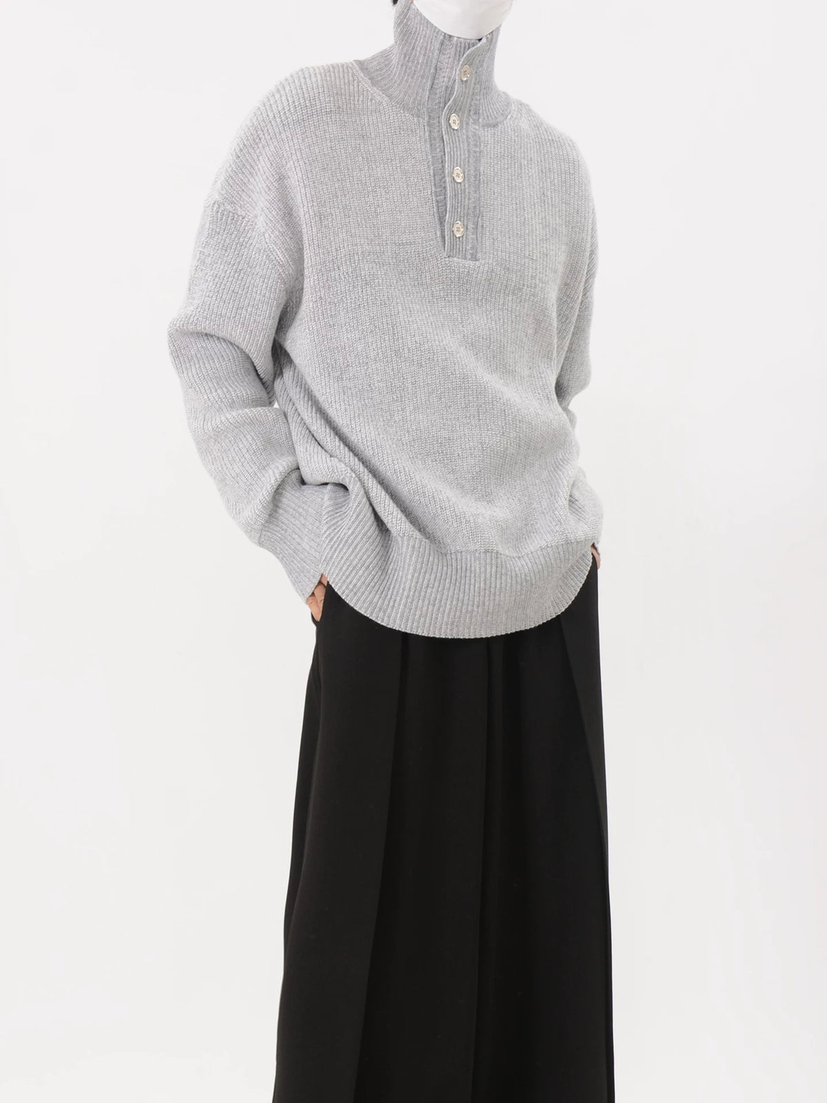 Grey Marled Button-Neck Oversized Knit Sweater