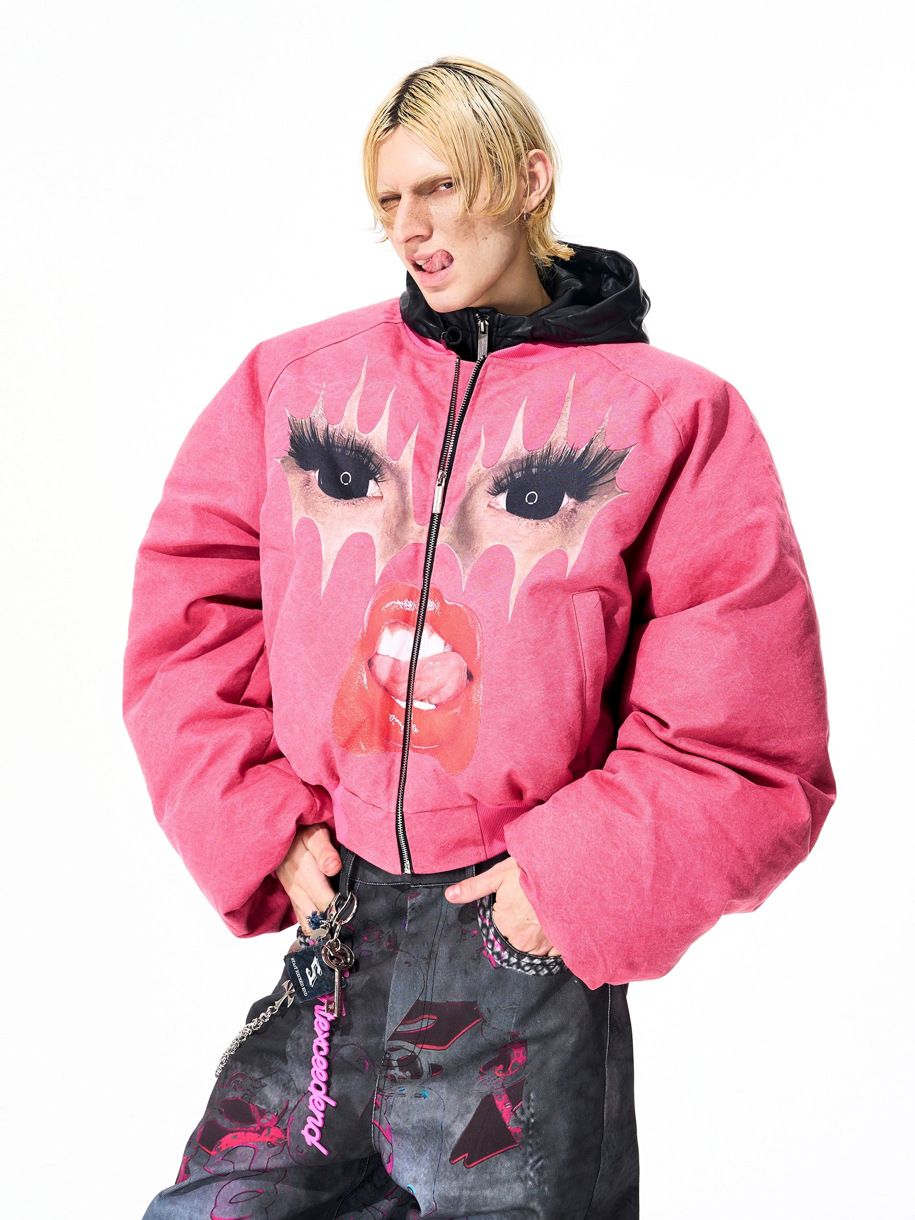 Bomber Jacket with Face Graphic Print