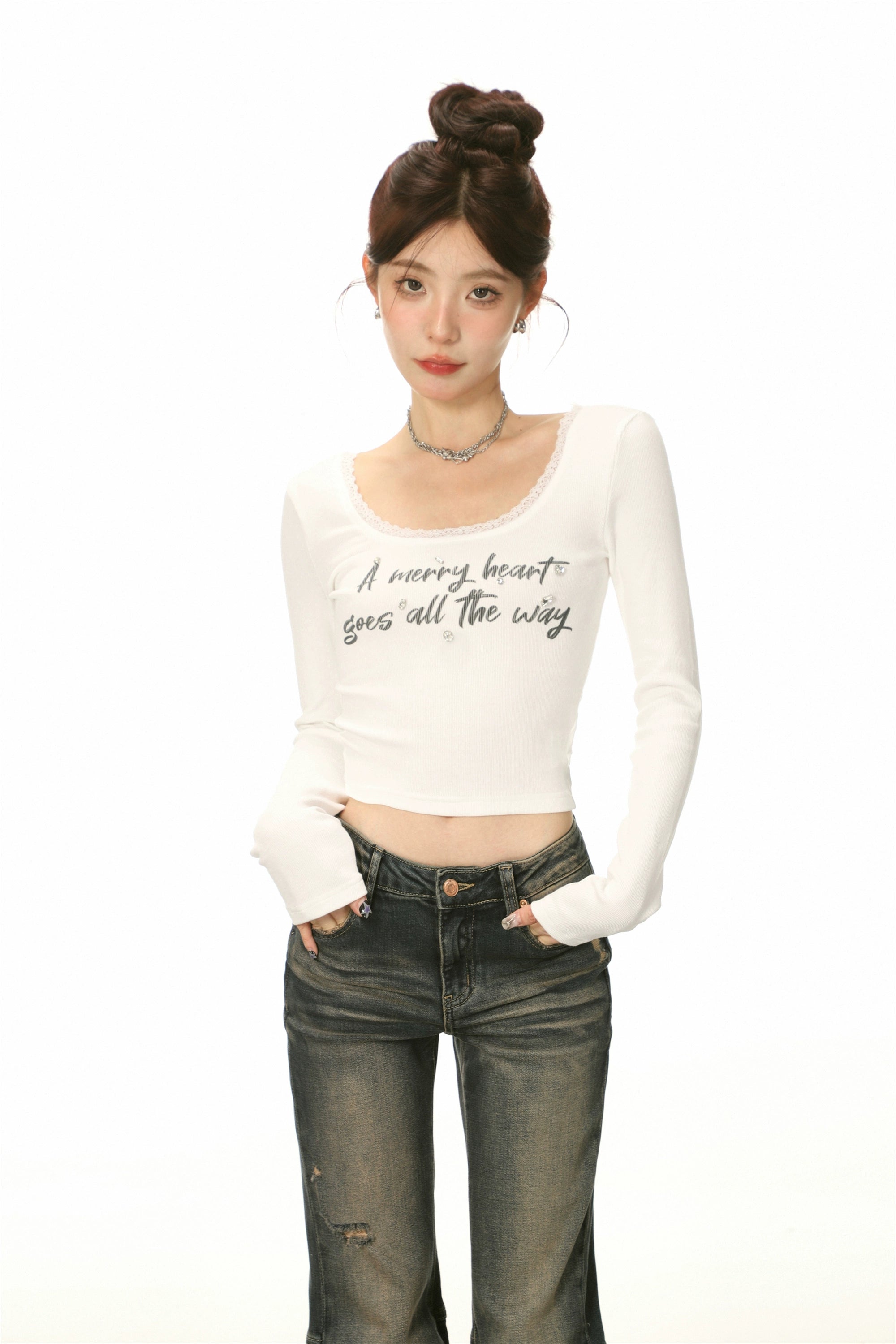 White U-neck Lace Trim Long Sleeve T-shirt