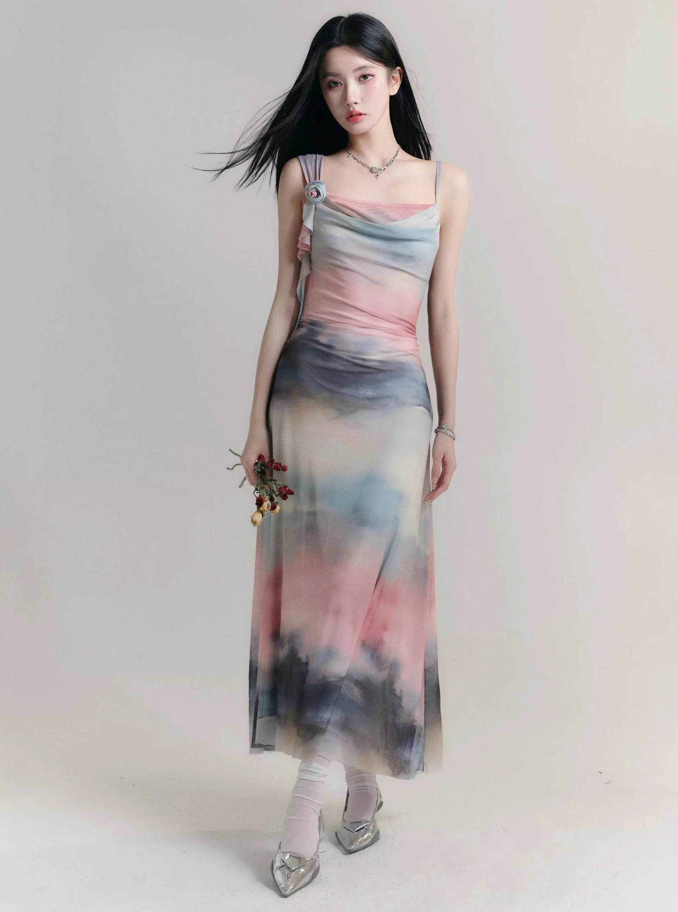 Ethereal Watercolor Maxi Dress: Asymmetric Cowl Neck Ombre Gown in Pastel Hues