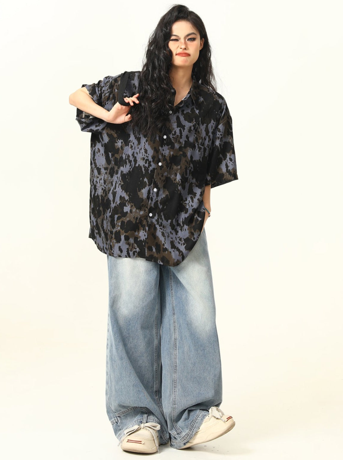 Oversized Tie-Dye Button-Up Shirt in Black and Grey