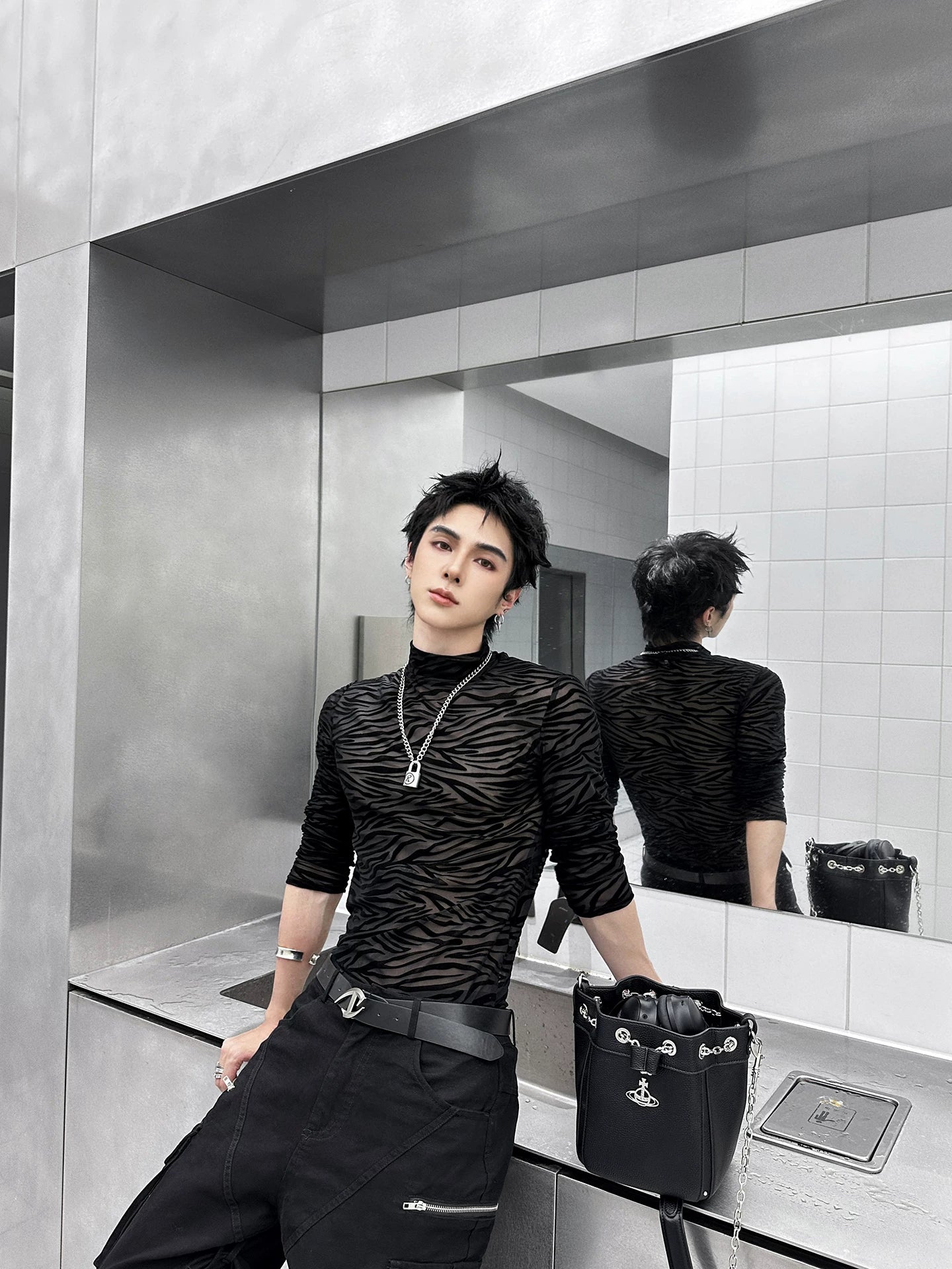 Shadowstripe Sheer Mesh Turtleneck