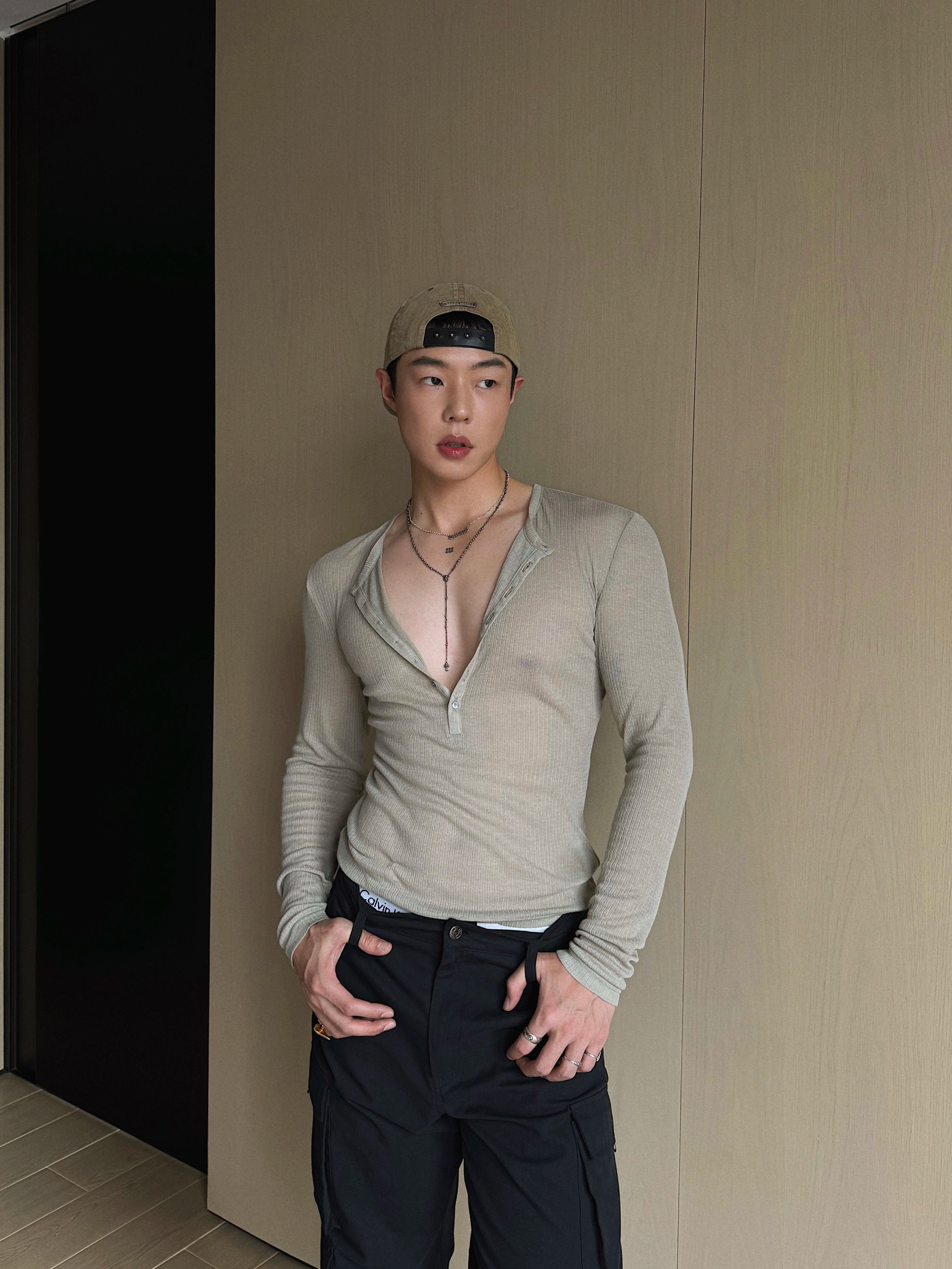 Gray Green Ribbed Henley Sweater