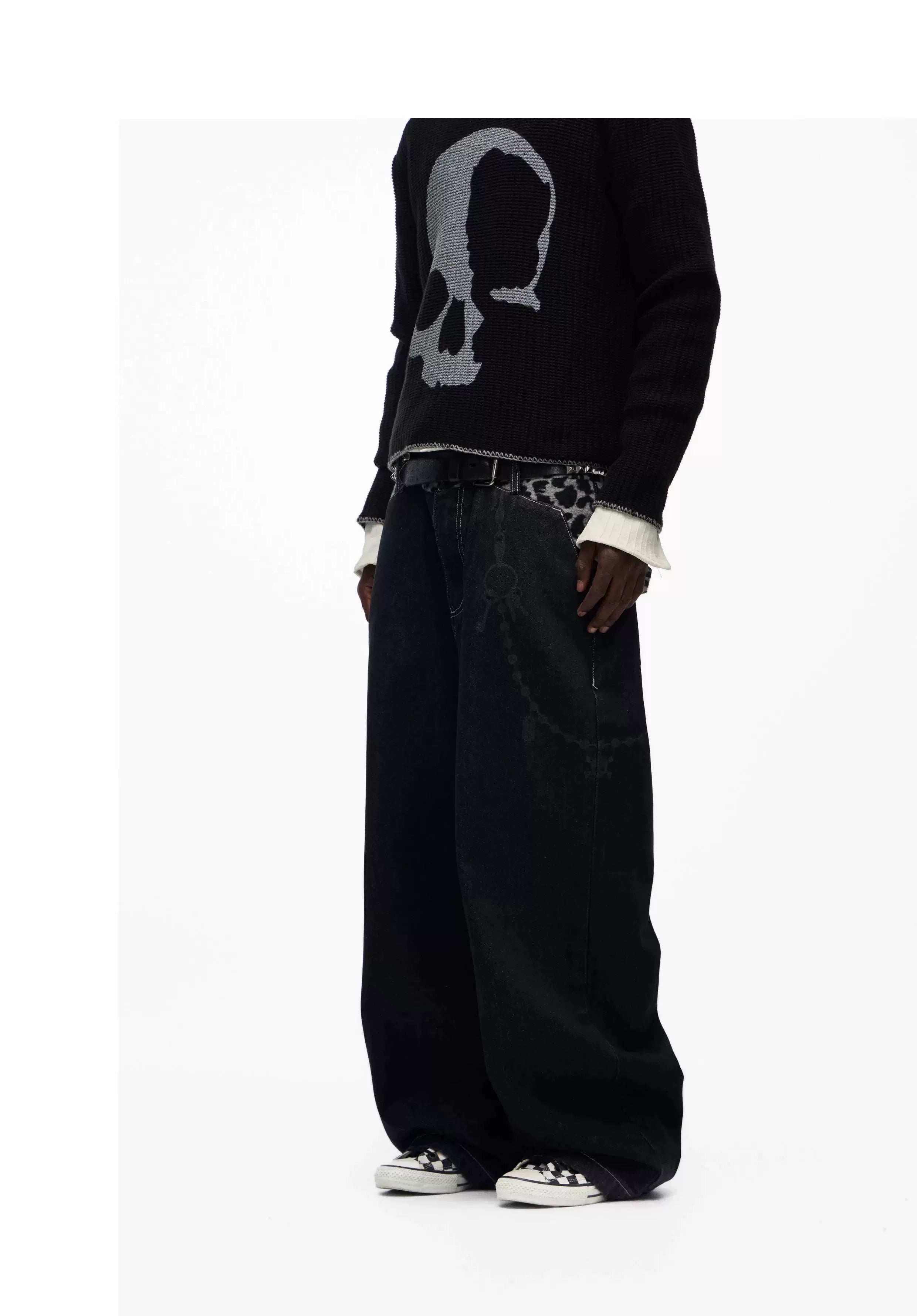 Leopard Waistband Chain Baggy Jeans