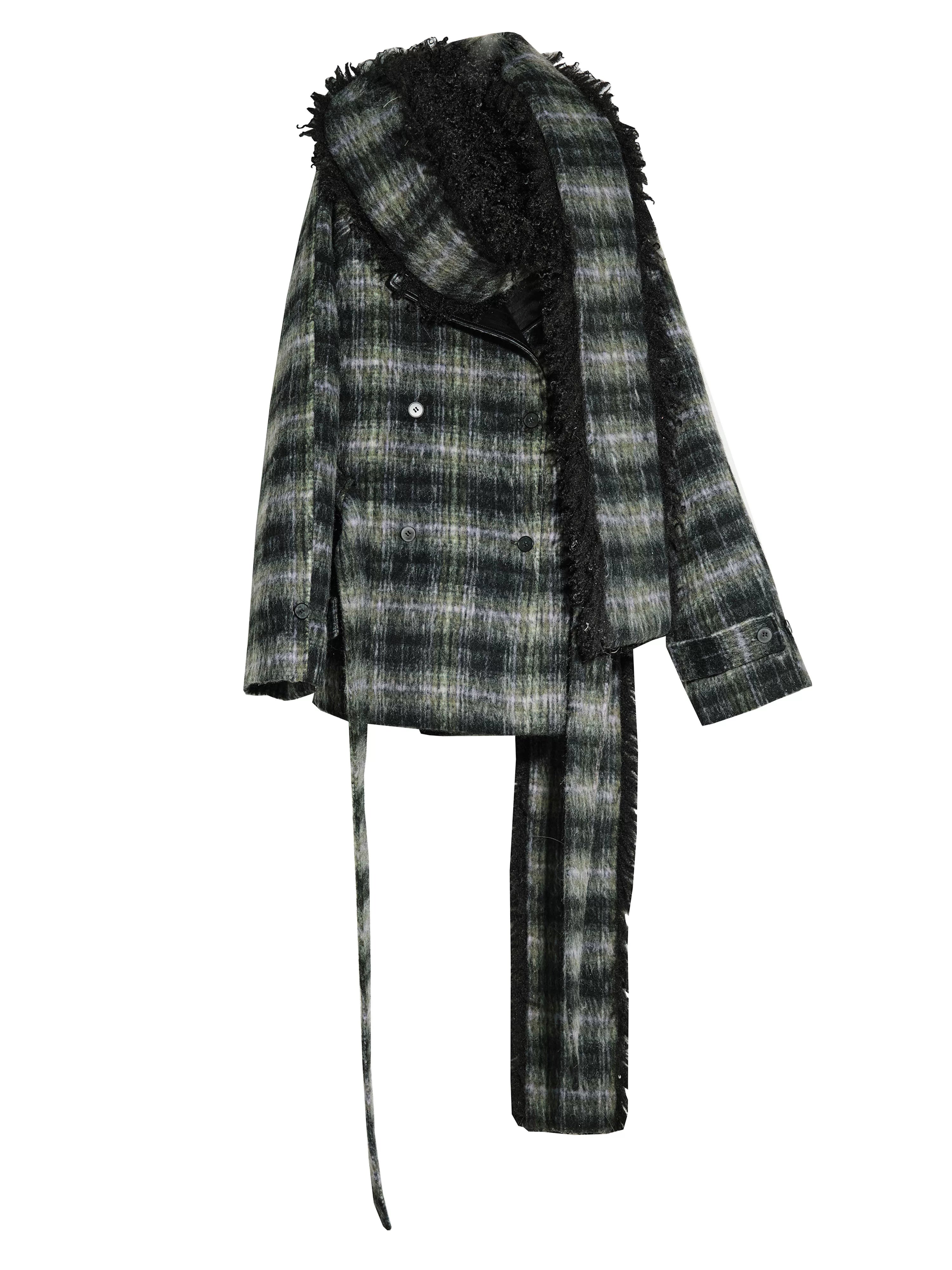 Shadow Plaid Fringe Wrap Coat