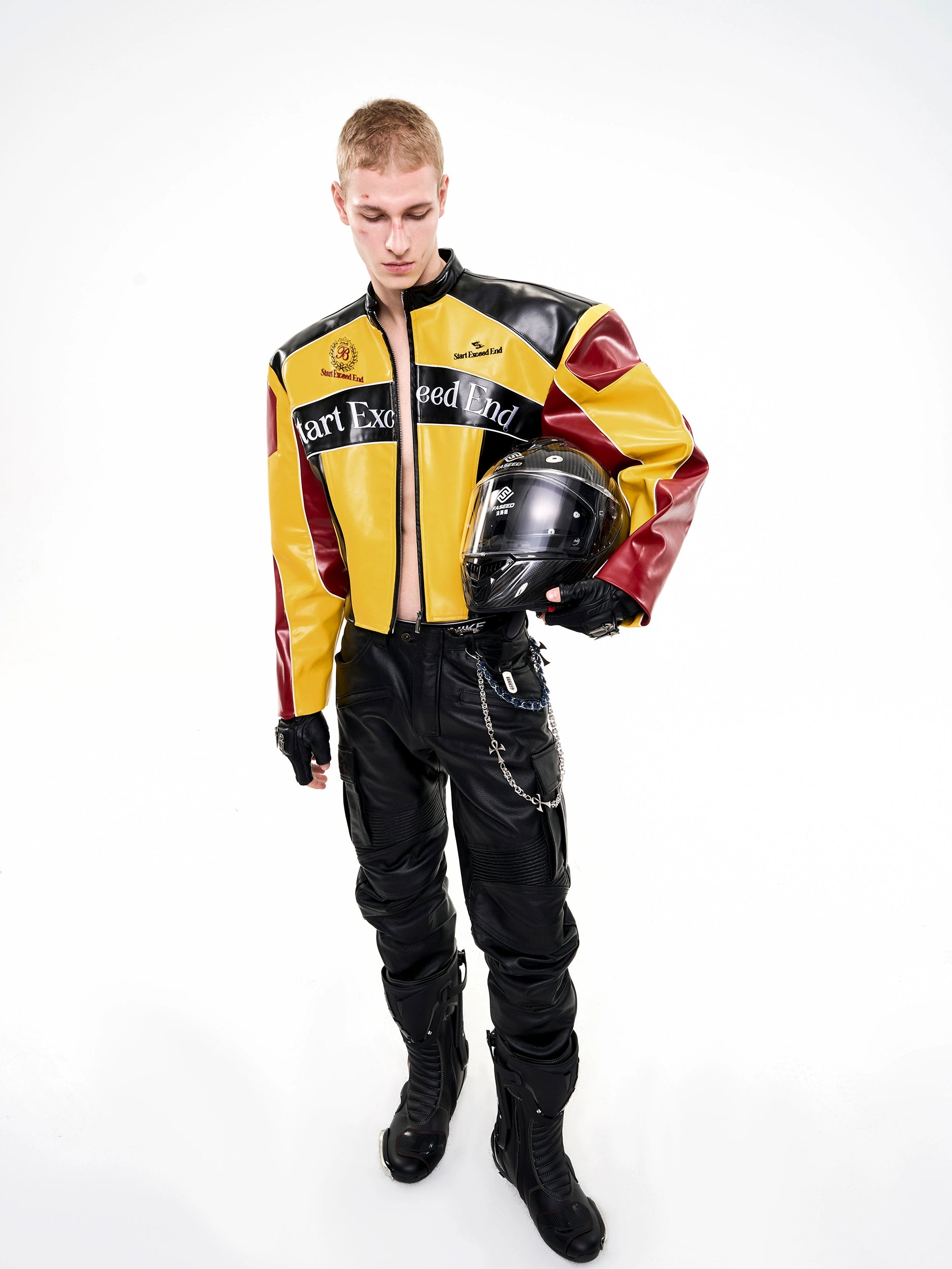 Colorblock Crest Moto Leather Jacket