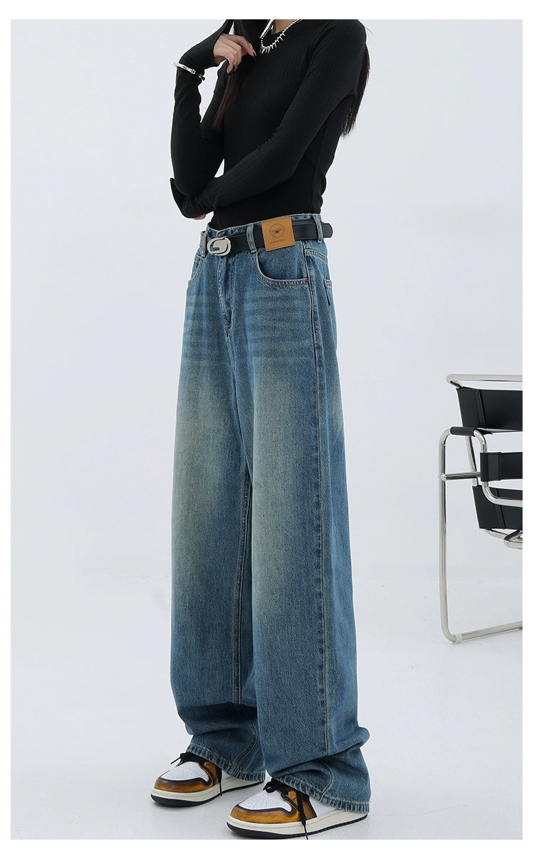 Blue Retro Loose Straight-Leg High-Waist Floor-Length Jeans - chiclara