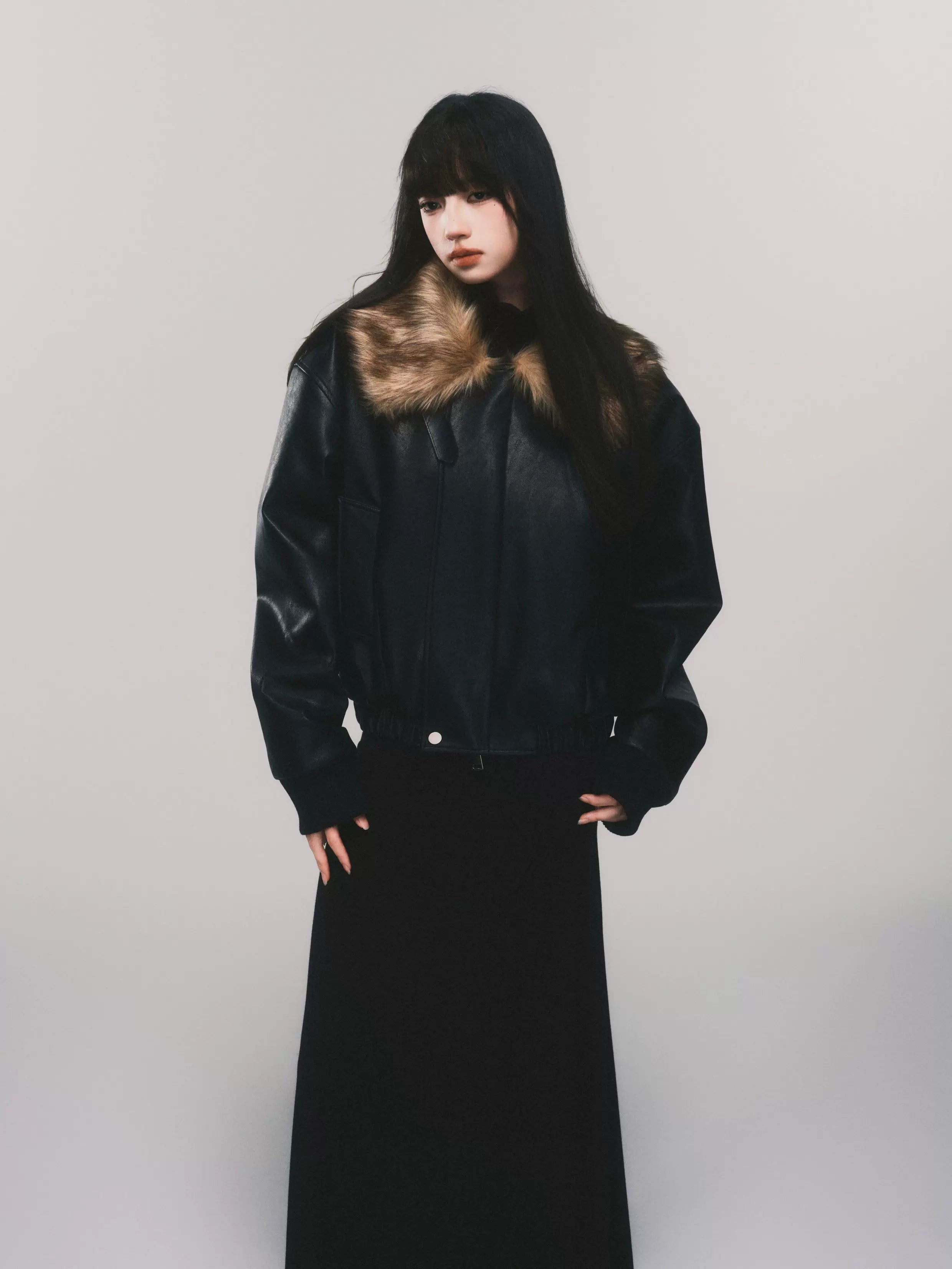 Midnight Aviator Faux‑Fur Bomber Jacket