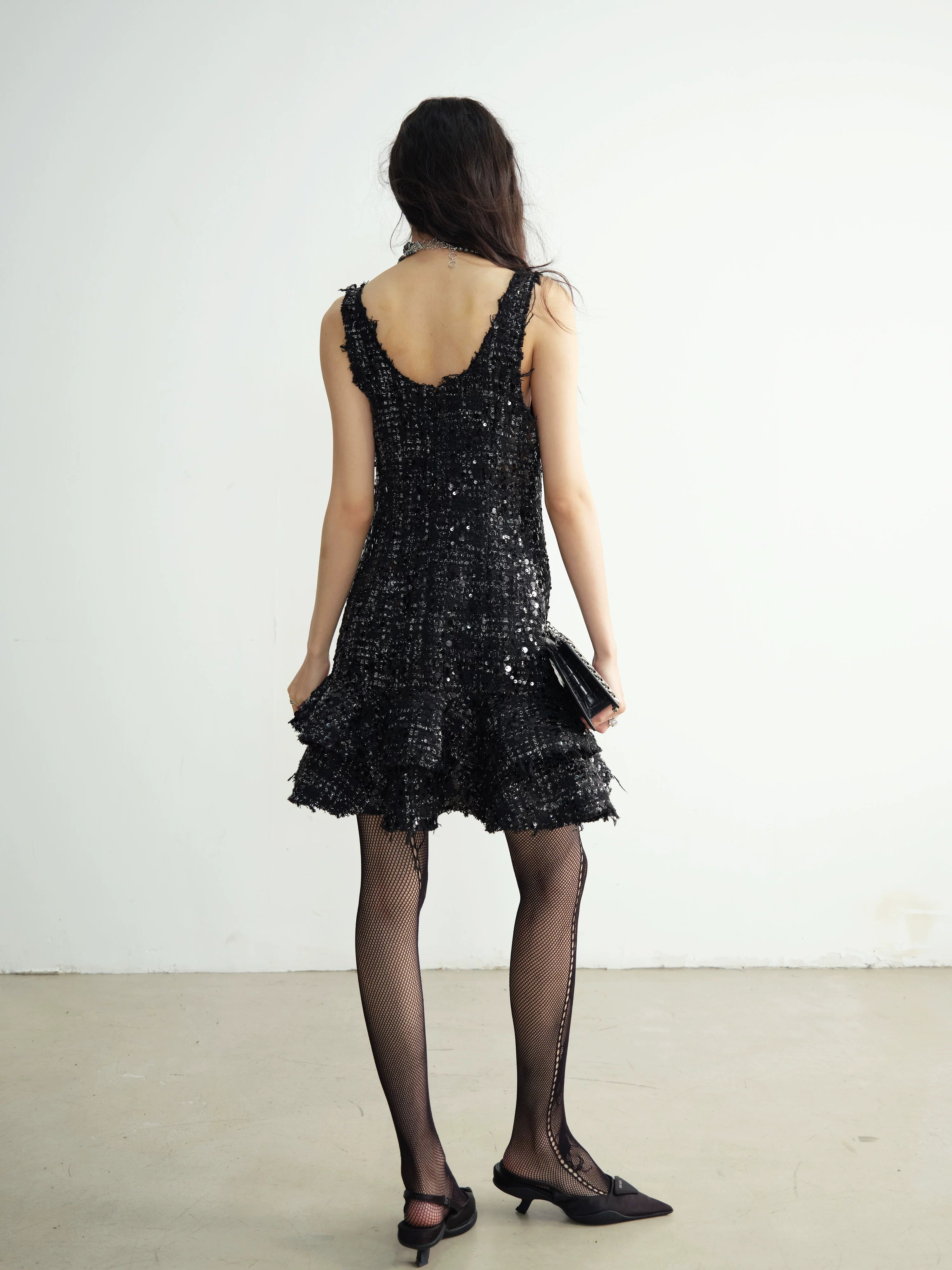 Black Sequin Tweed Tiered Mini Dress