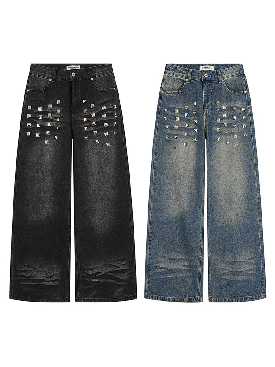 Men's Square Stud Whisker Washed Wide-Leg Jeans