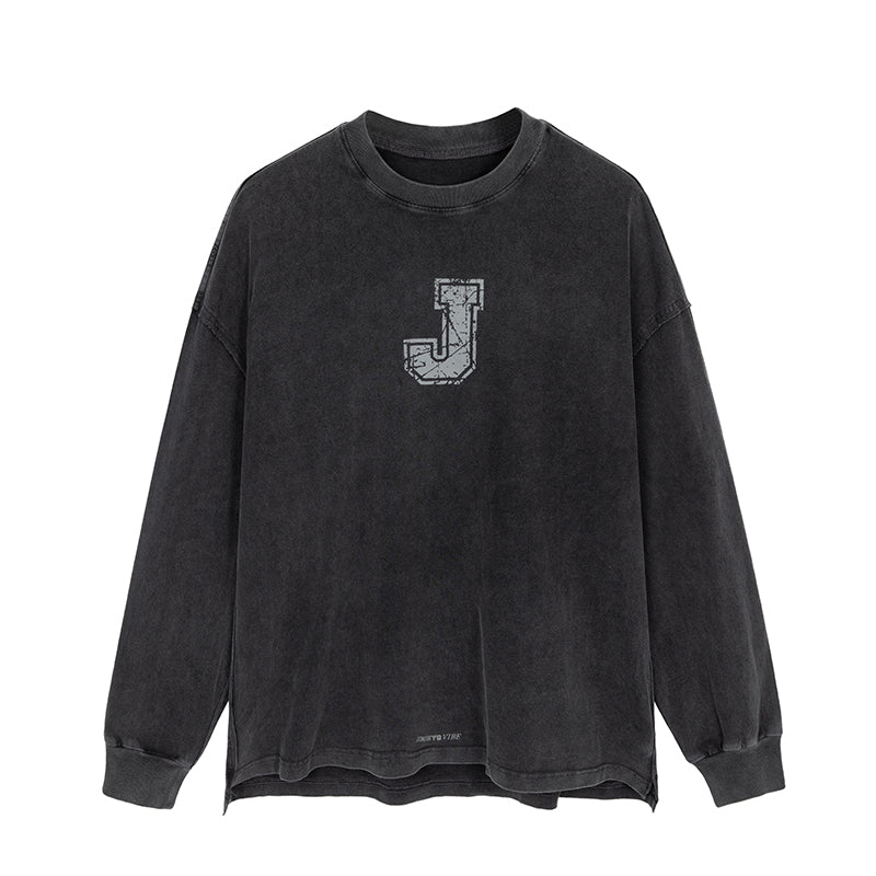 Letter J Series Washed Long Sleeve T-Shirt - chiclara