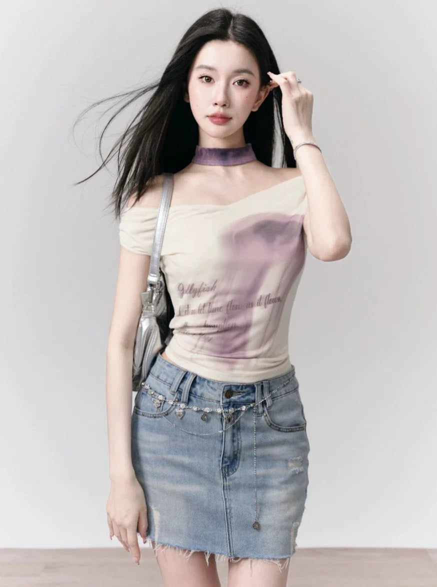 Ethereal Whisper: Off-Shoulder Choker Crop Top with Lavender Ombre Print