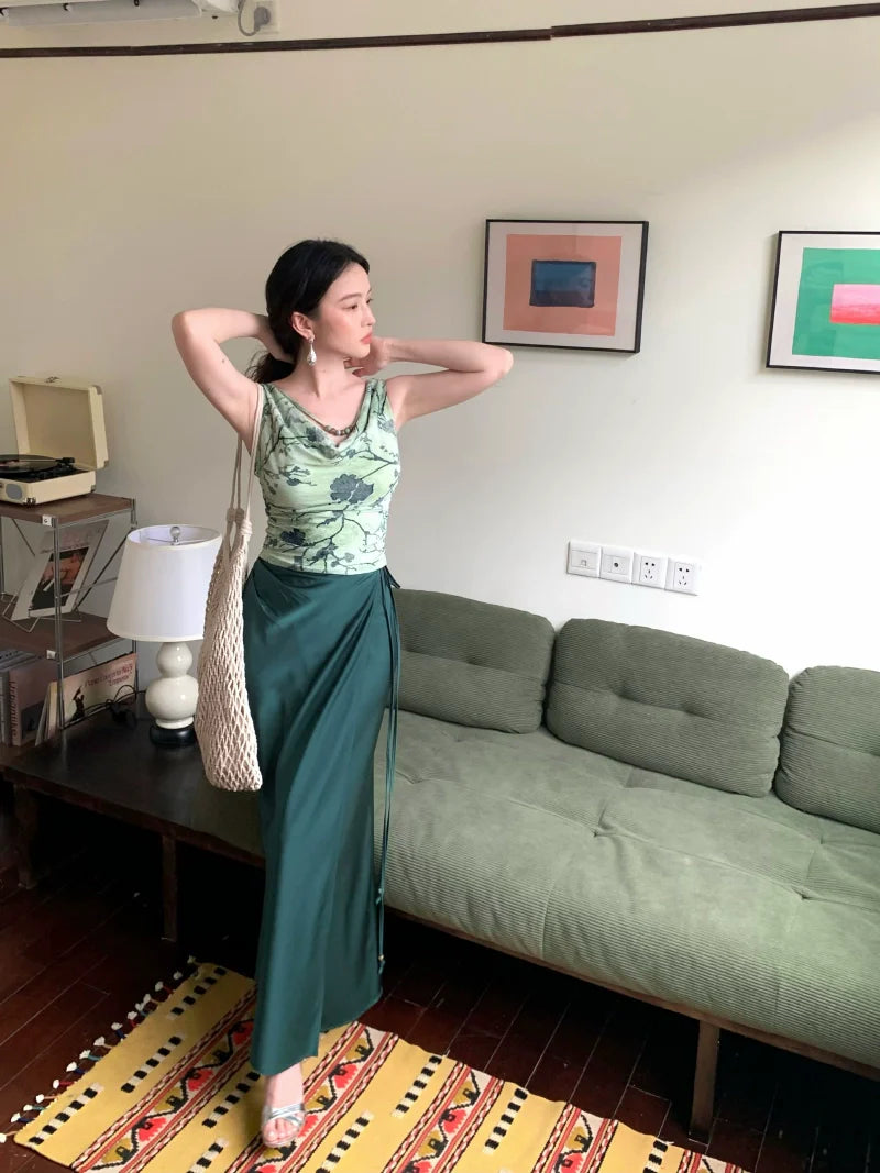 Lace-Up Satin Wrap Maxi Skirt