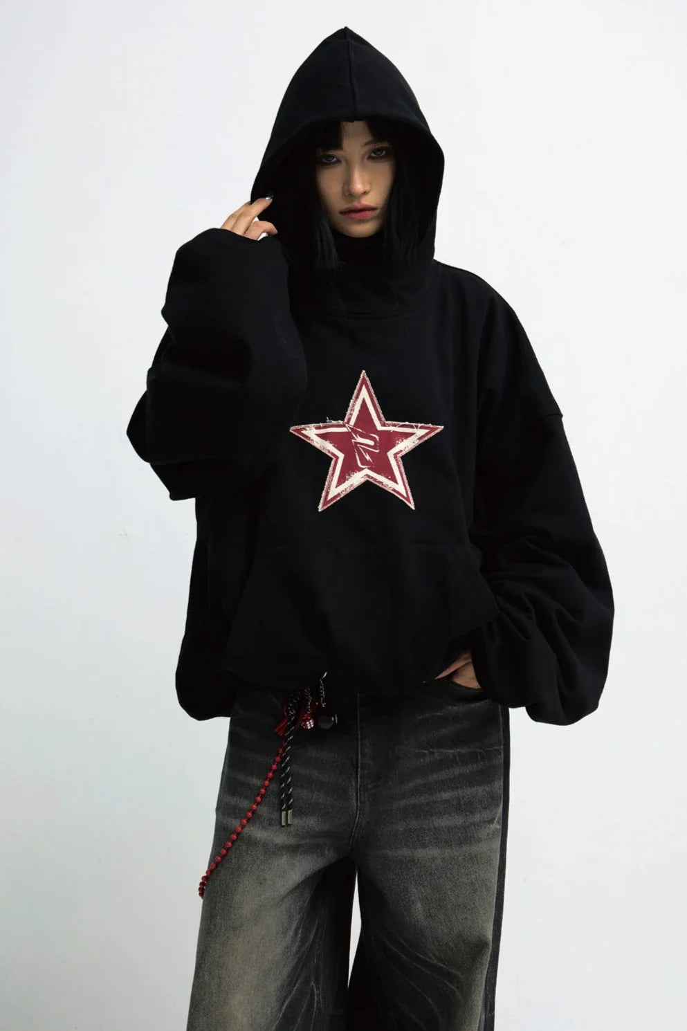 Men's Loose Black Star Embroidered Hoodie