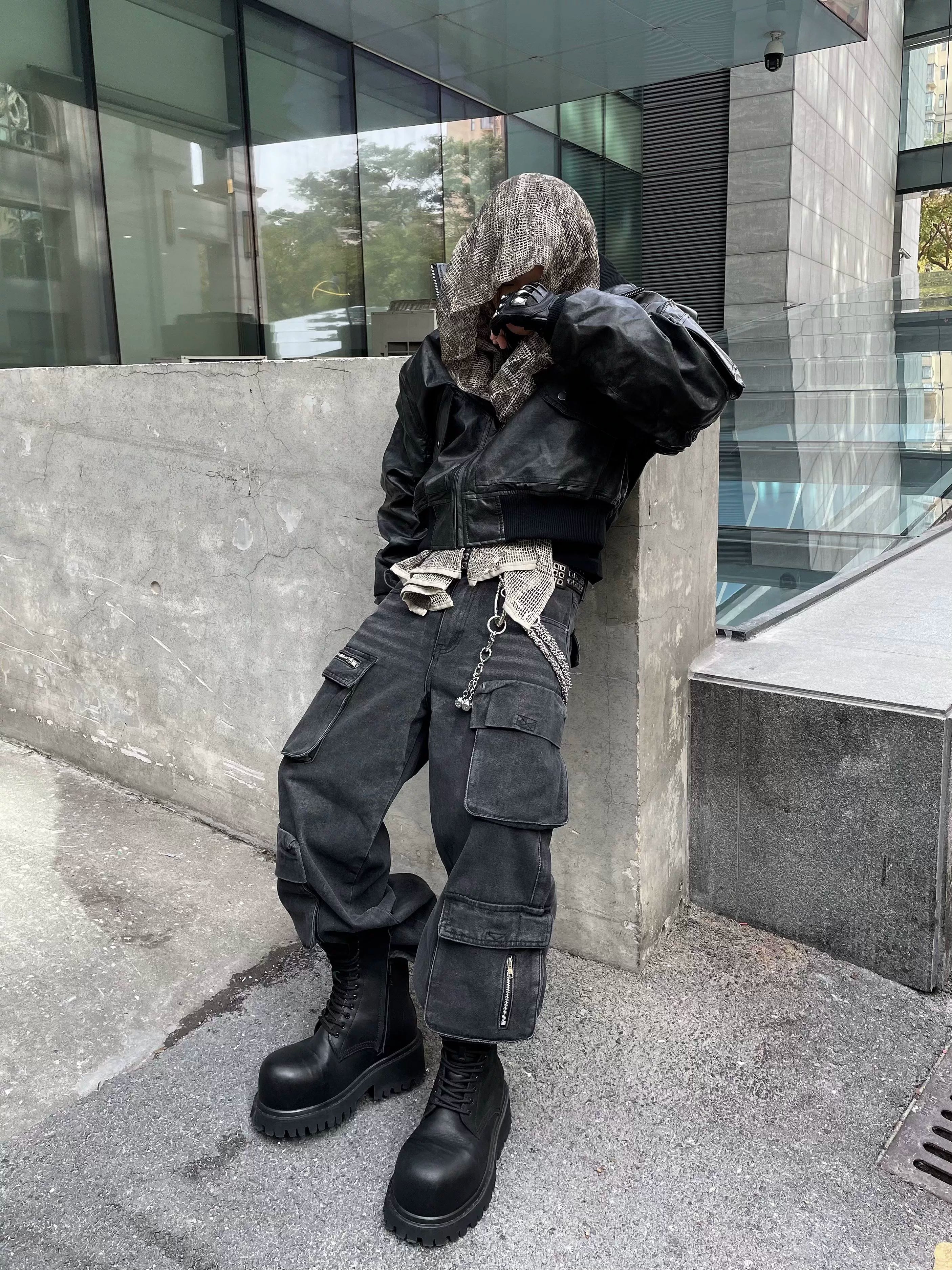 Black Utility Cargo Straight Leg Denim Jeans