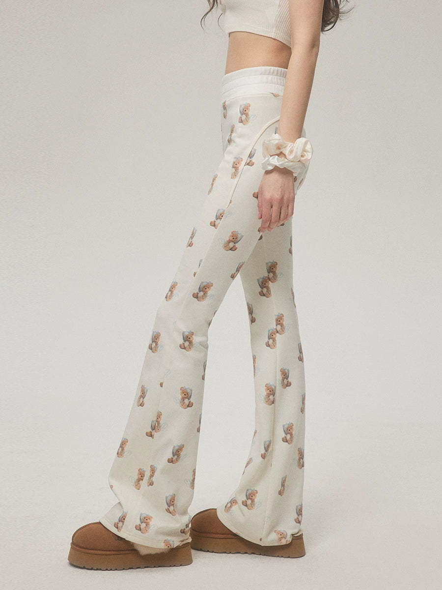 Trendy Bear Print Casual Pants With Subtle Flare Leg - chiclara