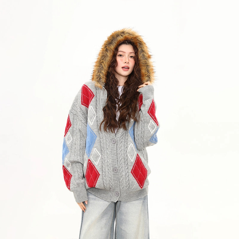 Frosty Argyle Faux-Fur Hood Cardigan