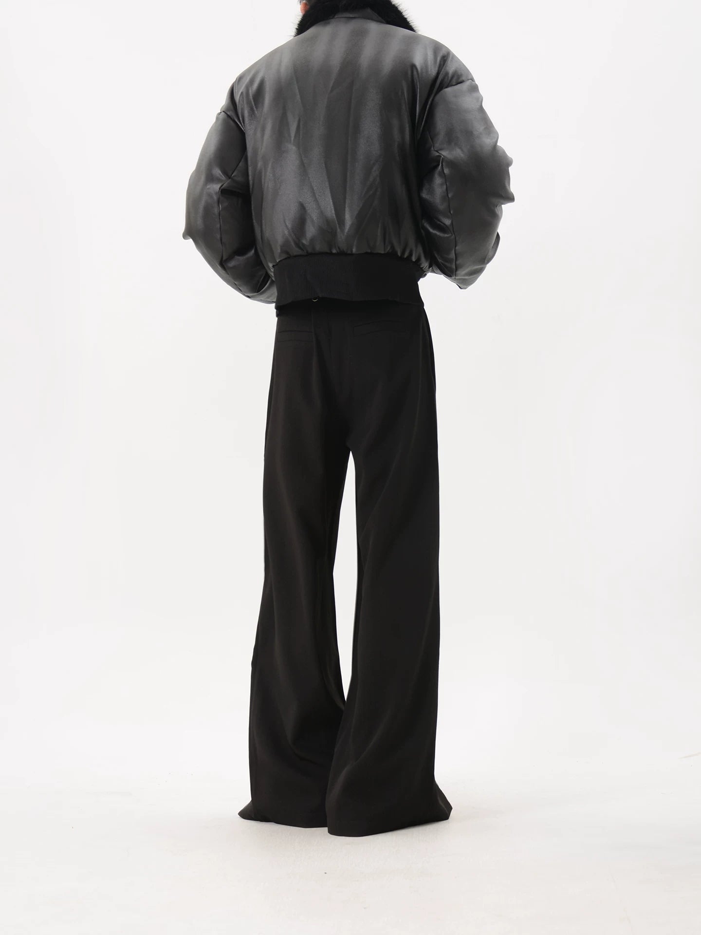 Black Faux Leather Cropped Puffer Jacket with Faux Fur Collar