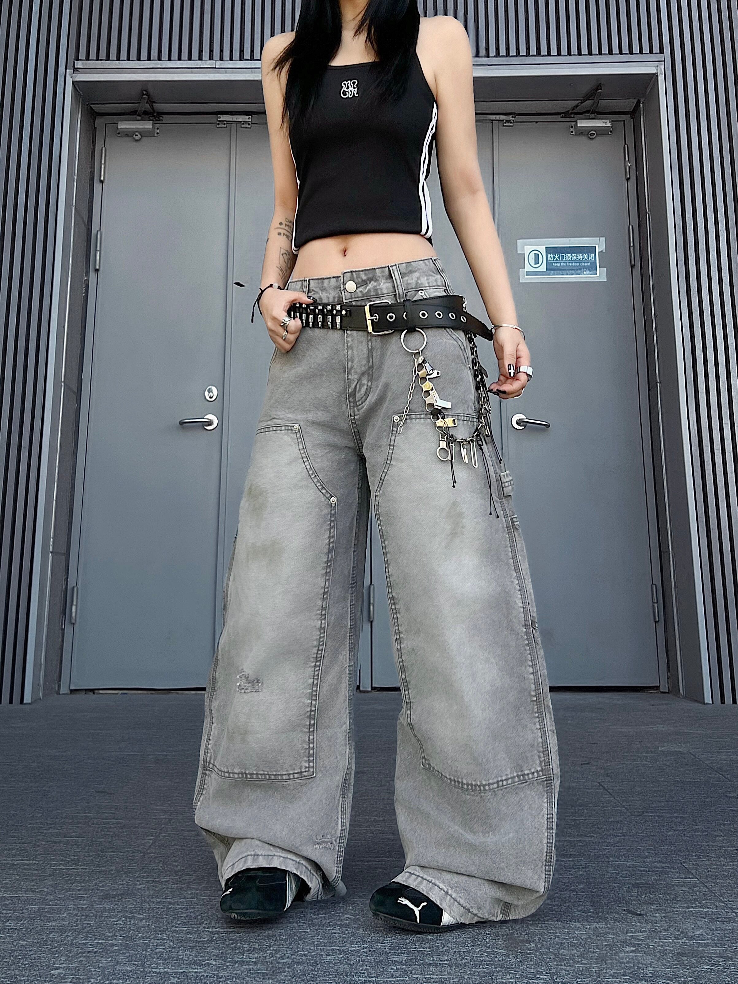 Men's Distressed Washed Wide-Leg Cargo Jeans