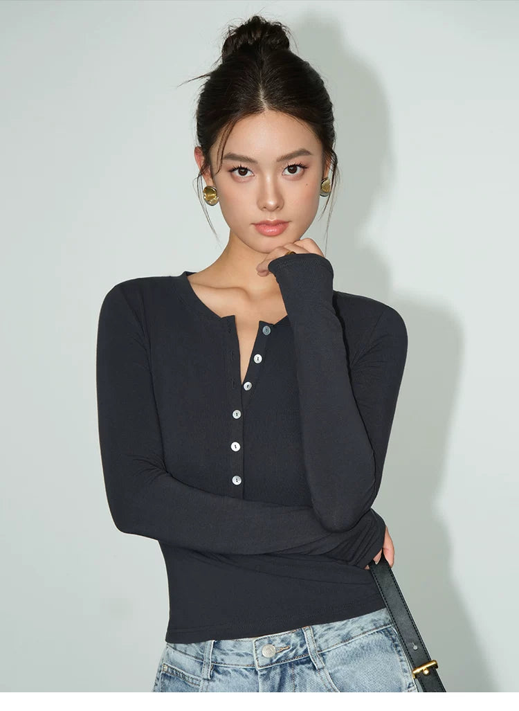Slim Ribbed Buttoned Henley Tops