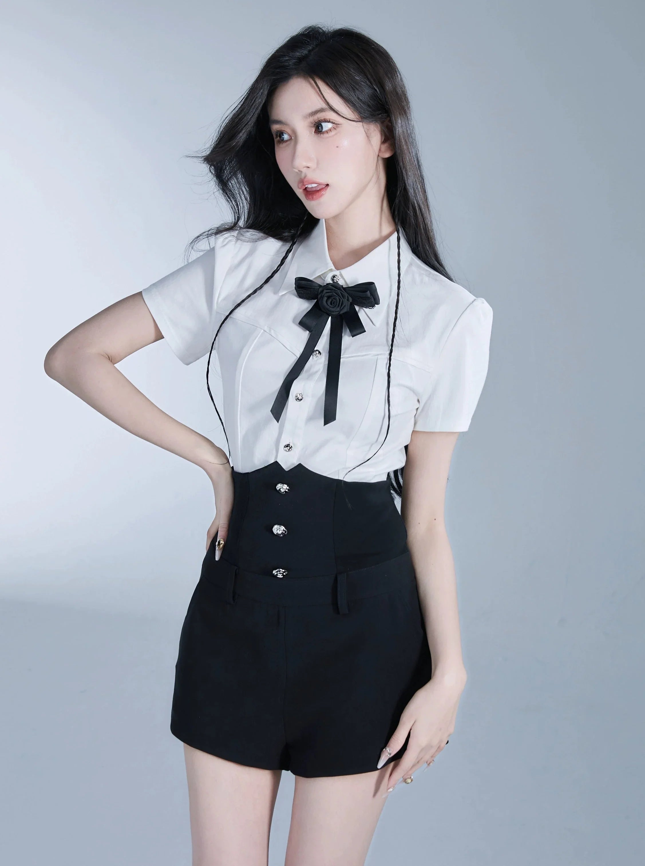 Monochrome Elegance Set: High-Waisted Corset Shorts with Cropped Bow-Tie Shirt