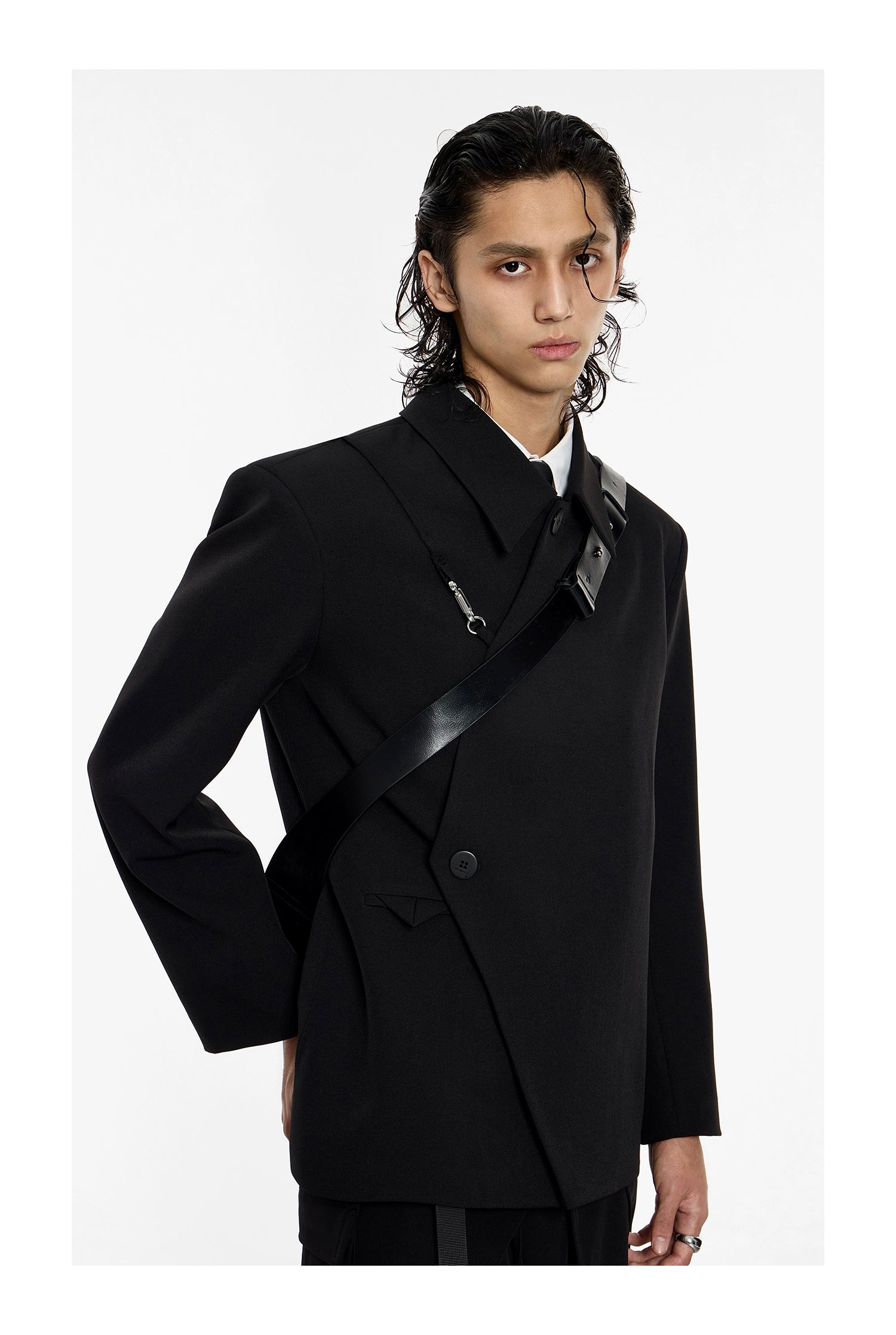 Asymmetrical Black Blazer with Safety Pin Detail