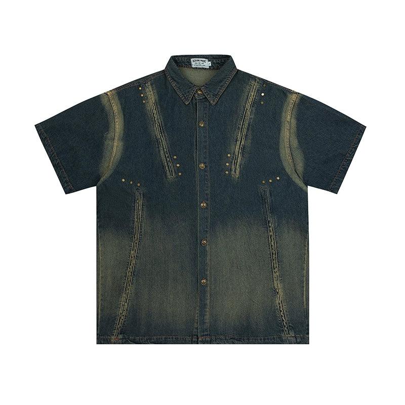 Mrnearly Distressed Denim Western Shirt - Unisex Vintage-Inspired Casual Wear