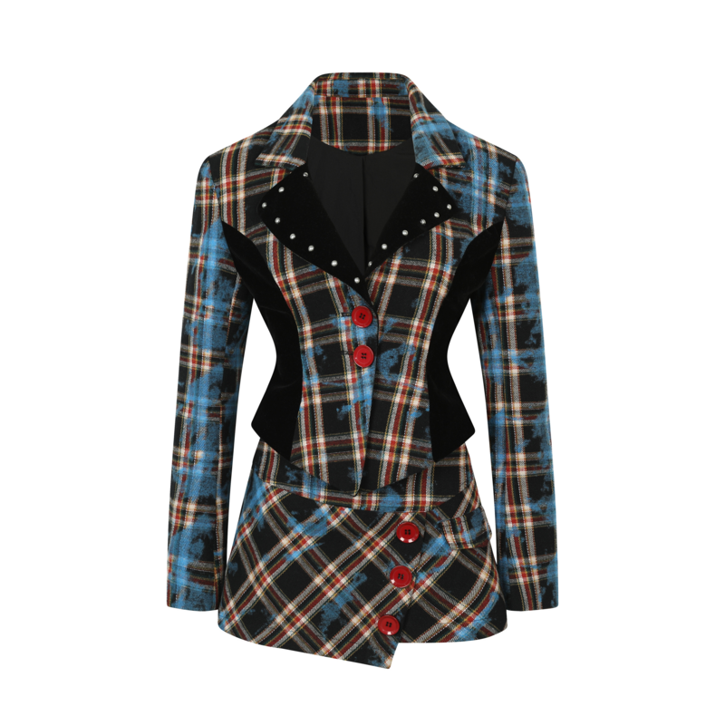 Diet Grrrl Punk Rock Plaid Jacket Set - Studded Collar Blazer With Asymmetric Mini Skirt