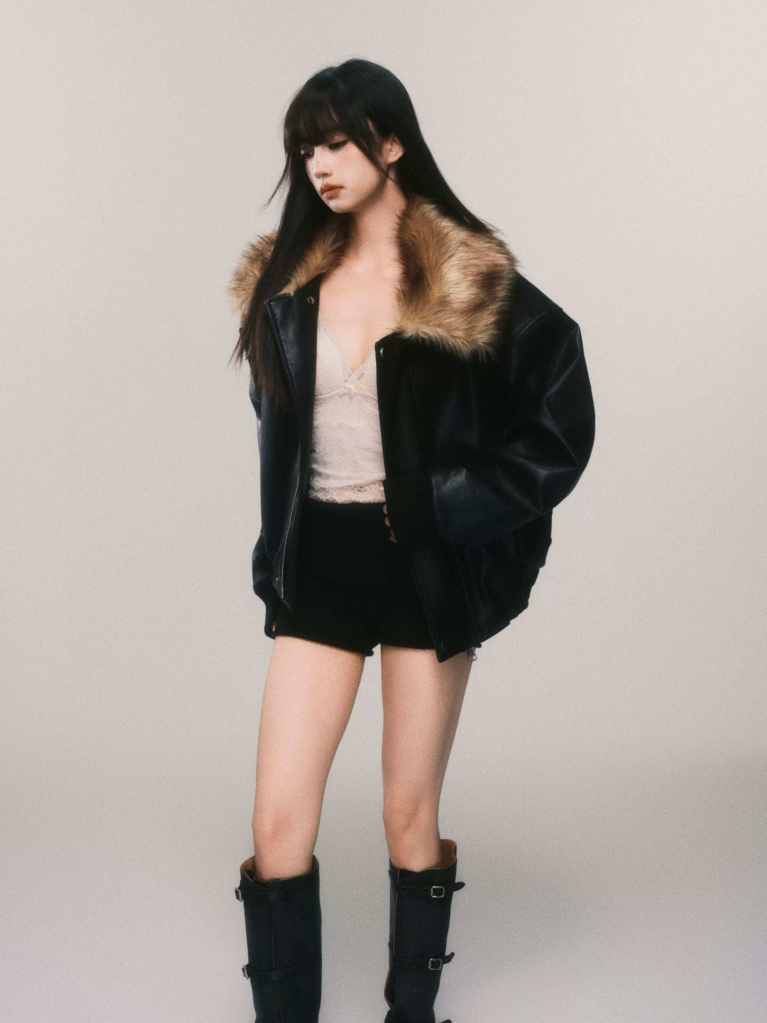 Midnight Aviator Faux‑Fur Bomber Jacket