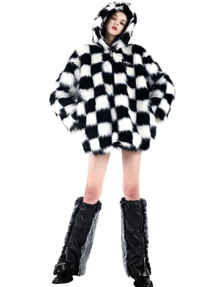 PINKSPINK Checkered Faux Fur Jacket - Black and White