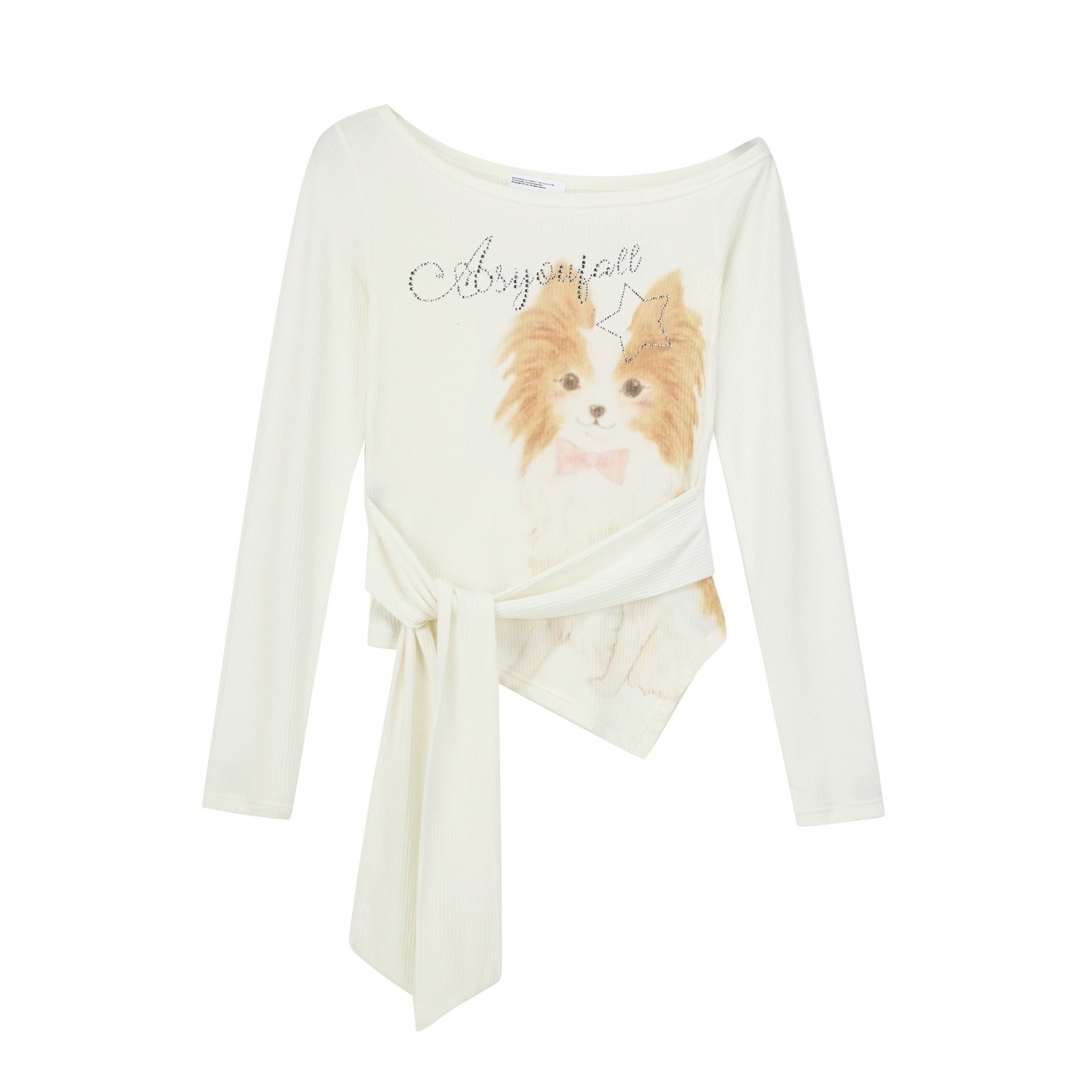 Papillon Dog Print Off-Shoulder Top with Tie Waist