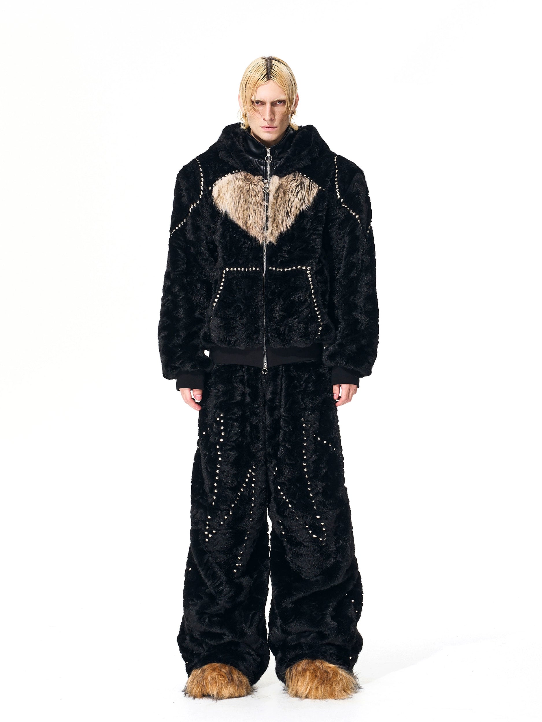 Black Faux Fur Heart Studded Jacket and Pants Setup
