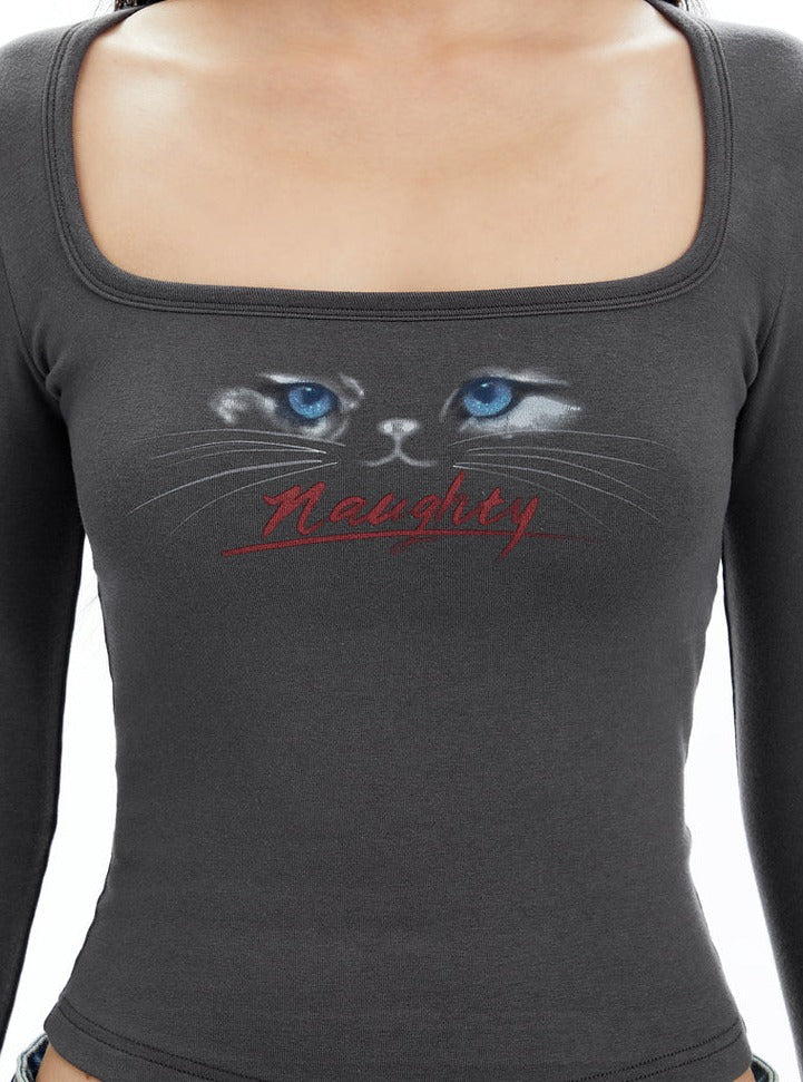 Long-Sleeve Crop Top with Cat Graphic