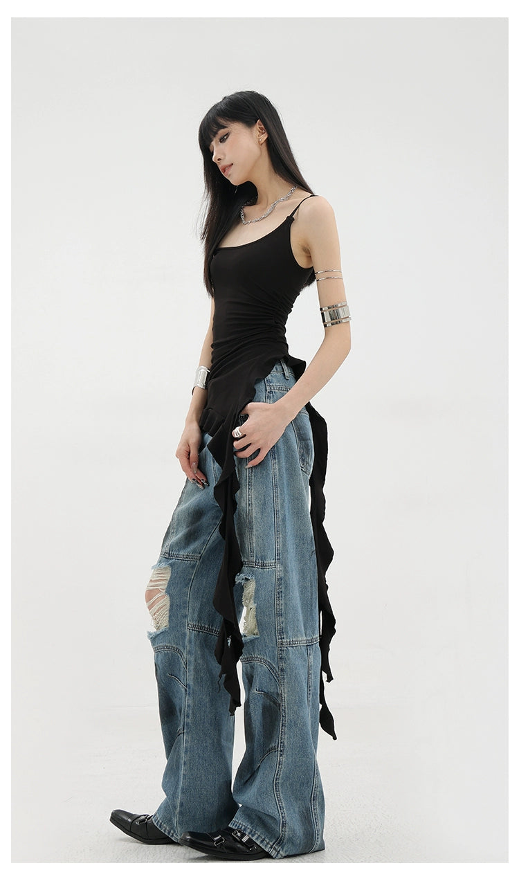 Vintage Distressed And Dirt-Dyed Patchwork Wide-Leg Jeans - chiclara