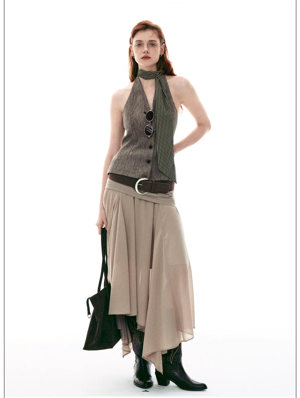 Desert Veil Asymmetric Pleated Midi Skirt