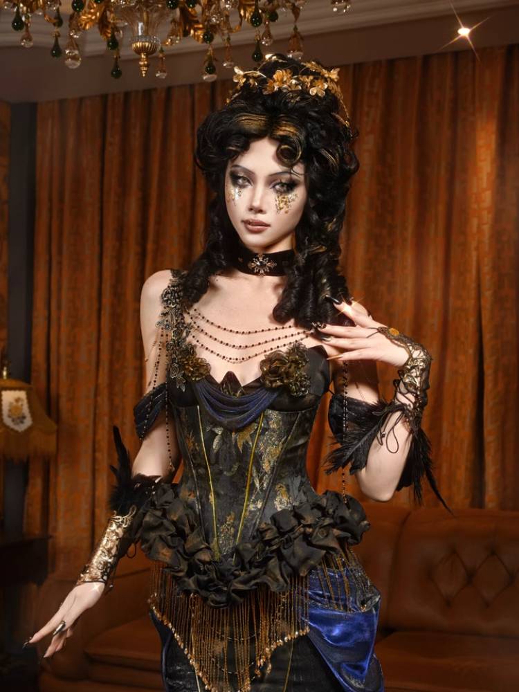 Victorian Steampunk Corset Dress - Gold Satin Gothic Ball Gown