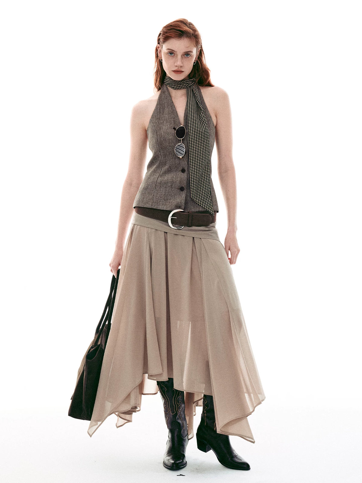 Desert Veil Asymmetric Pleated Midi Skirt