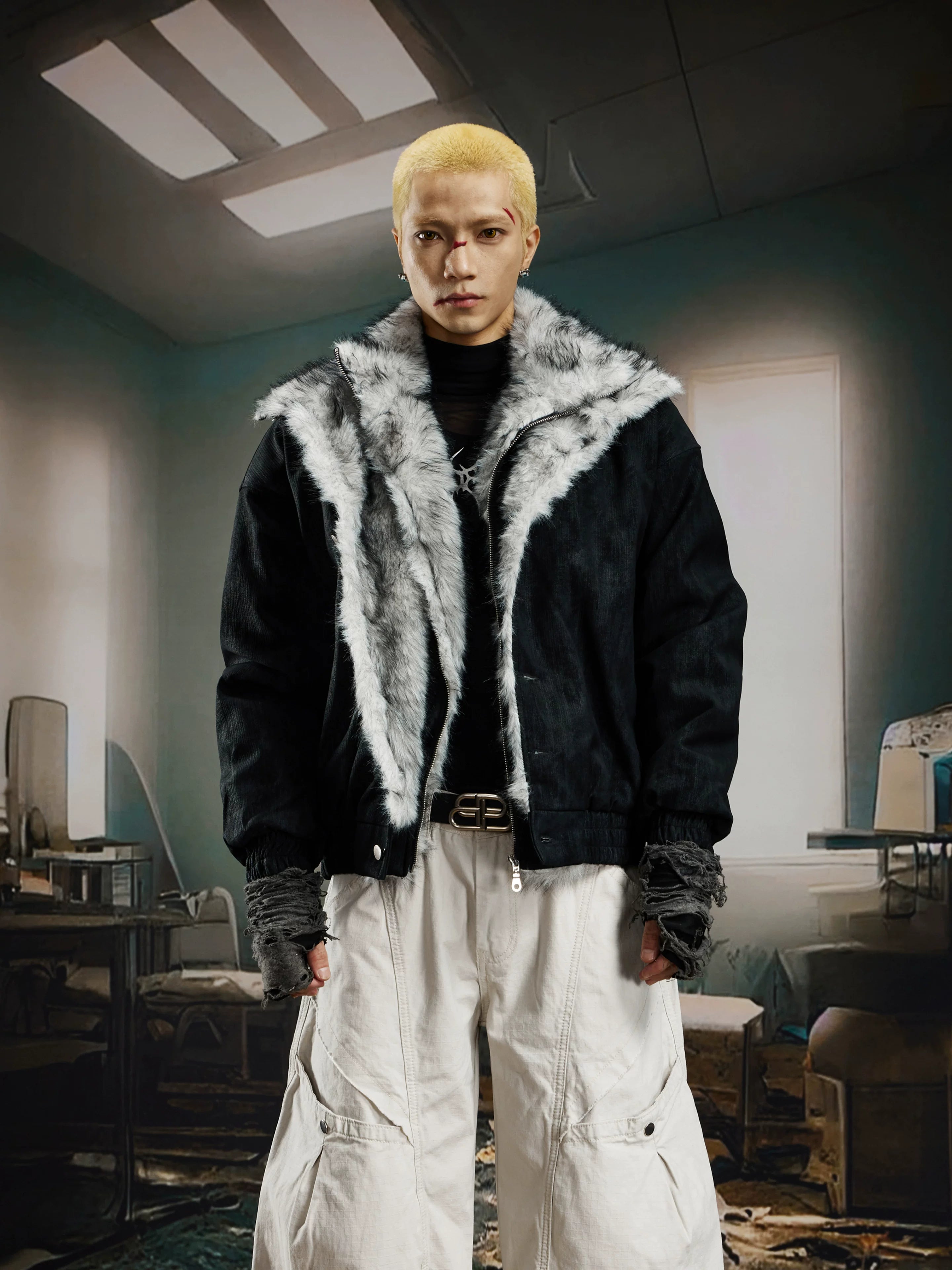 Glacier Veil Wolf‑Trim Bomber Jacket