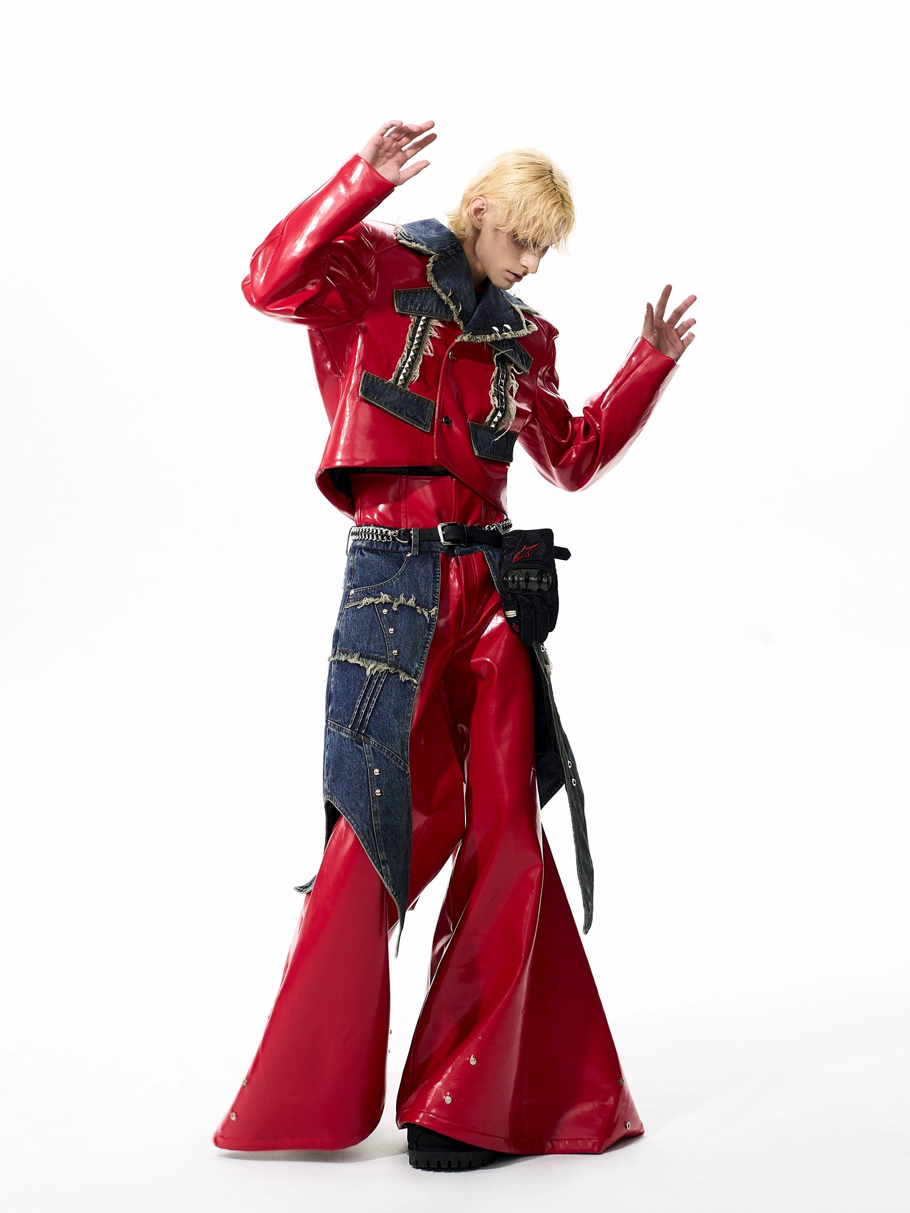Red Patent Vinyl and Denim Patchwork Jacket and Pants Setup