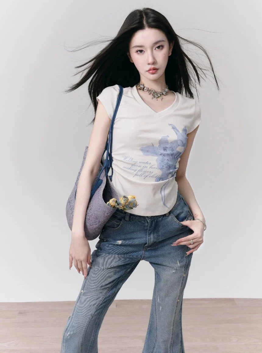 Watercolor Floral Cap Sleeve Ruched T-Shirt