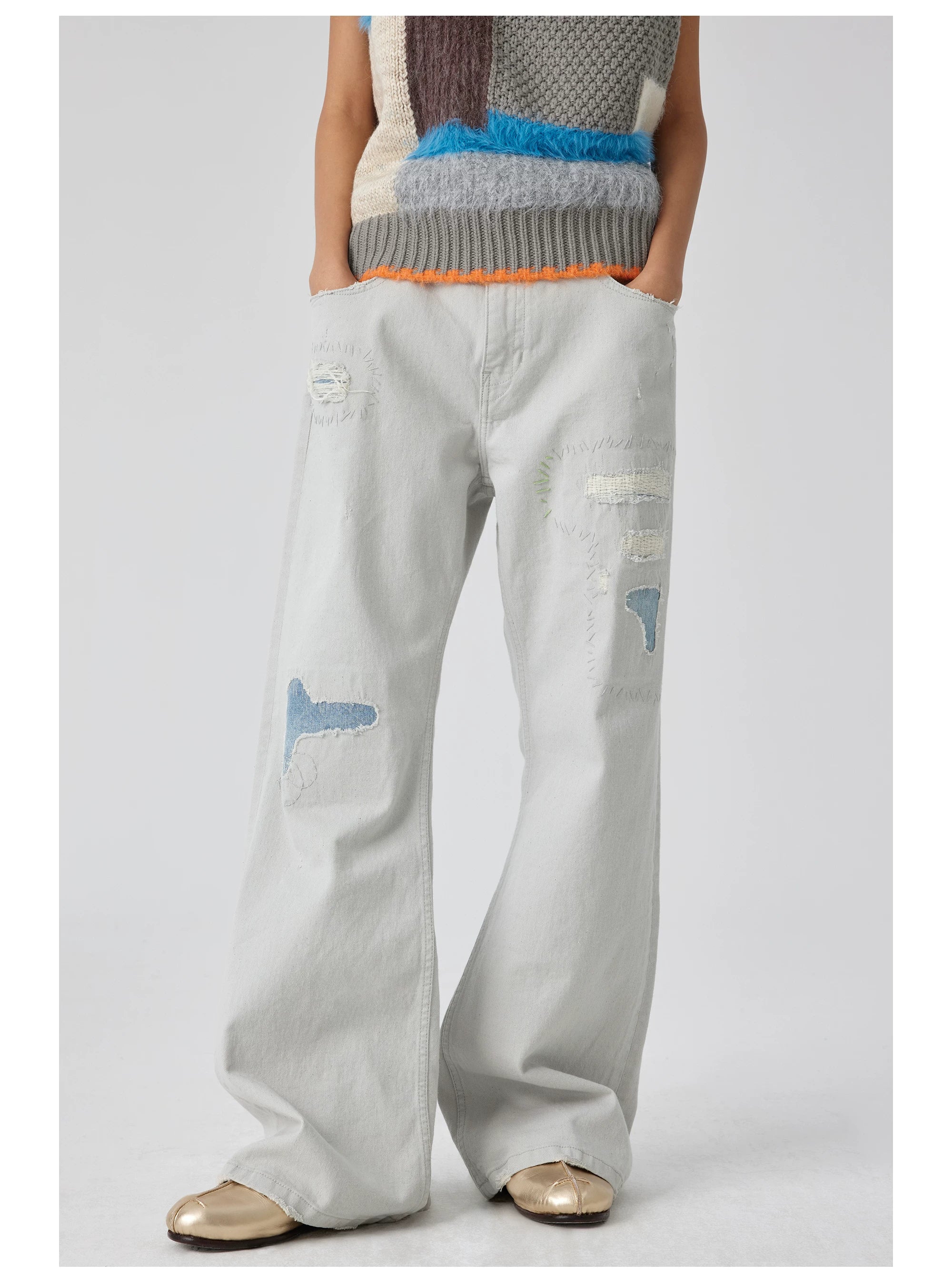 Patchwork Distressed Wide-Leg Jeans