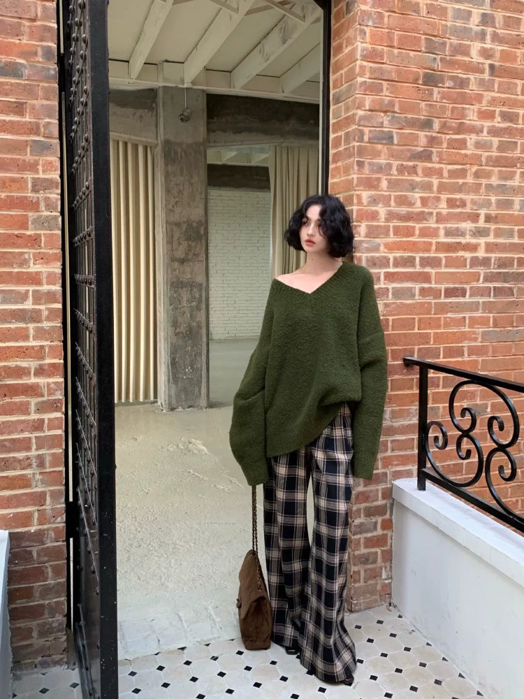 Casual Black Plaid Wide Leg Pants