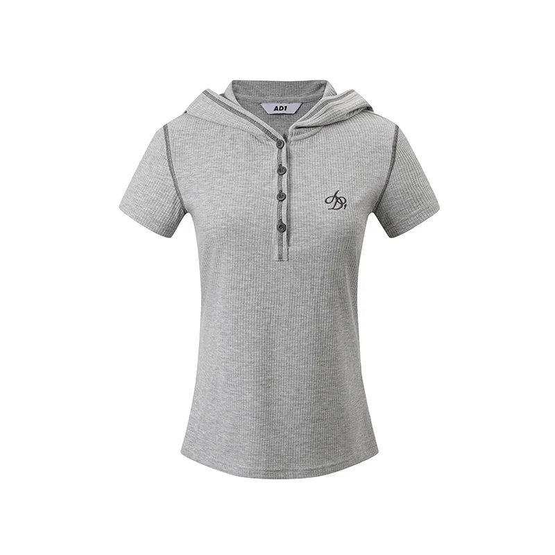 Ribbed Hooded Henley Tee - Short Sleeve Athletic Pullover Top